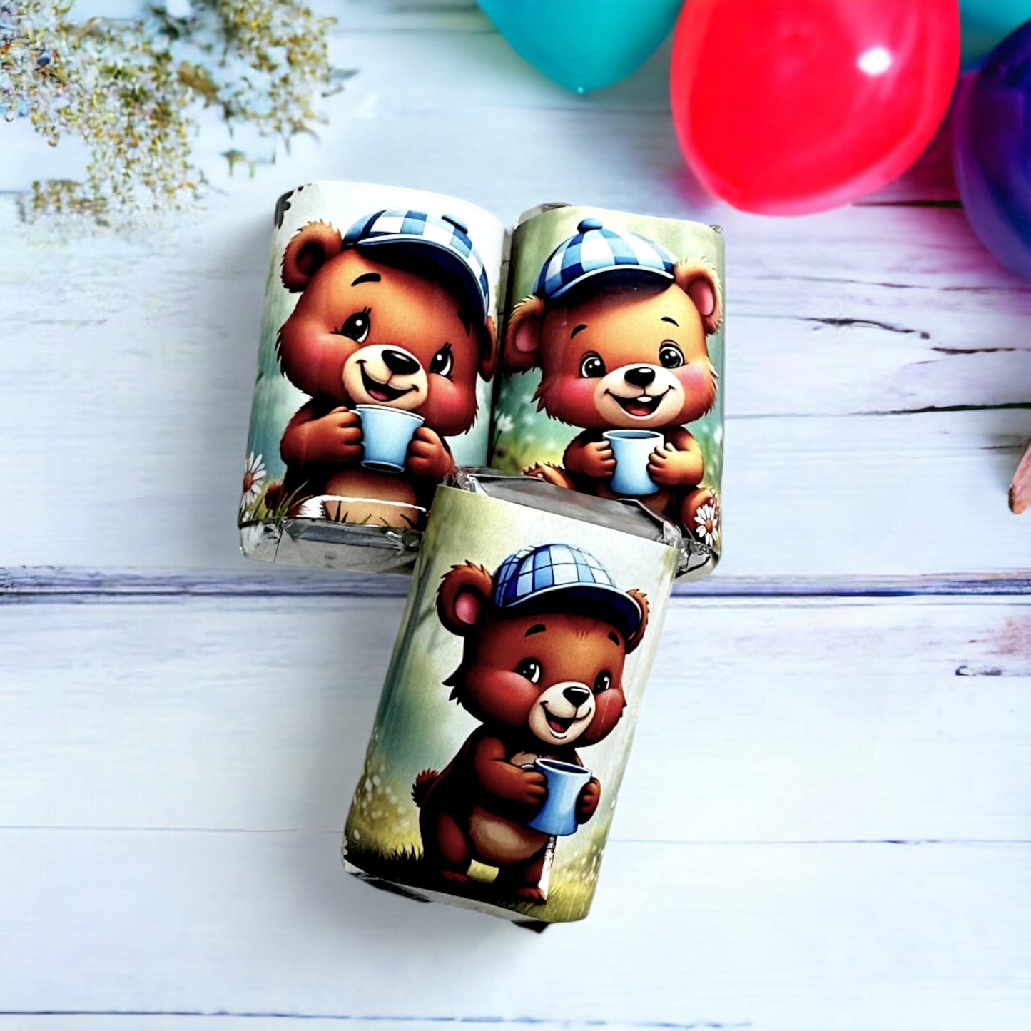 Baby Shower Bear Candy Bar Wrappers, 1st Forest Woodland Birthday, Blue White Checkered Cap Mug, Mini Bar Party Supplies