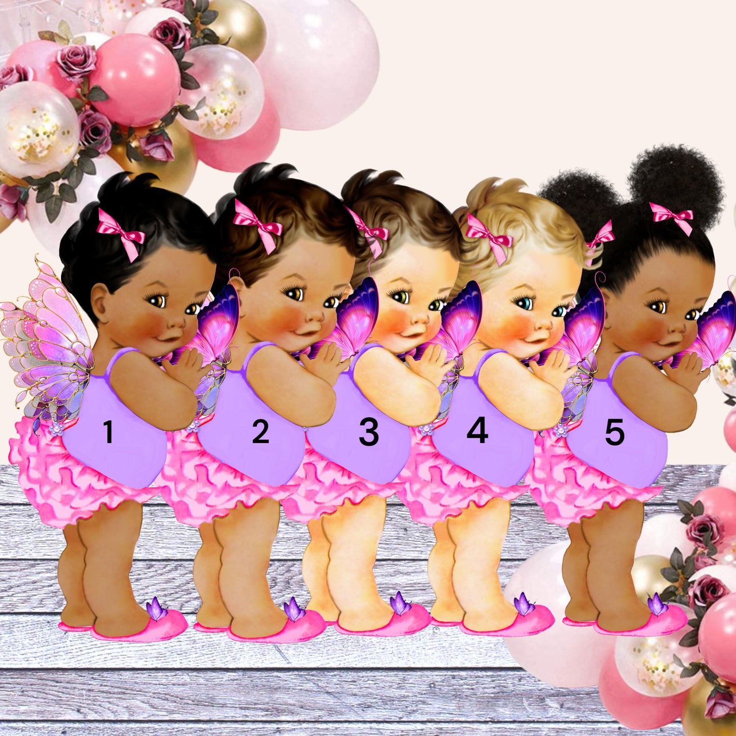 Butterfly Princess Topper Centerpiece Cutouts, Hot Pink Ruffle Pants Gold Glitter Shirt Baby Shower 1st Birthday Party Decoration