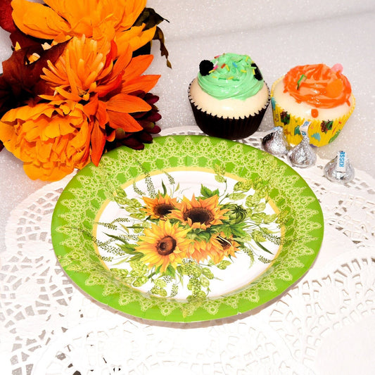 Close-up of a single 7-inch sunflower paper plate featuring vibrant yellow petals and a rustic border.