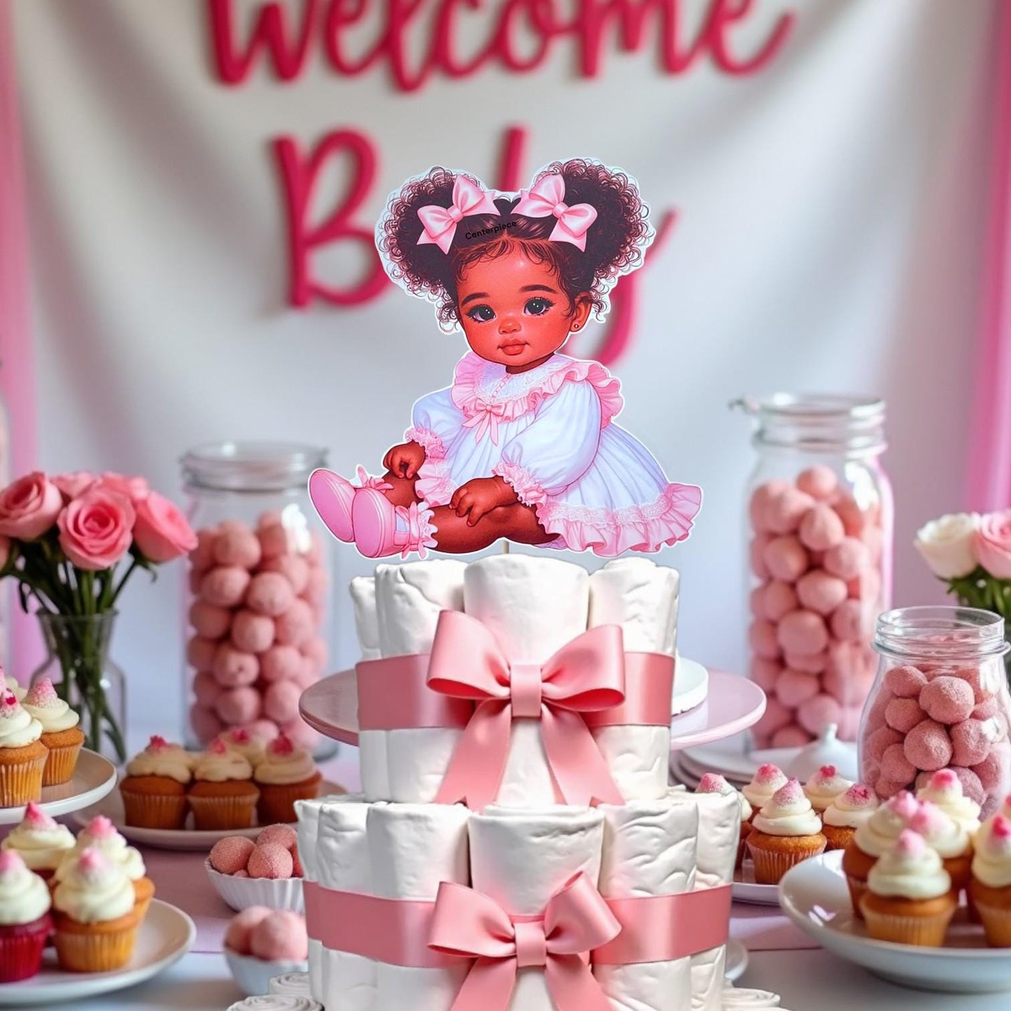 Pink African American Baby Shower Girl Centerpiece Wood Base, Diaper Table Cake Topper Decoration Vintage 1st Birthday Party