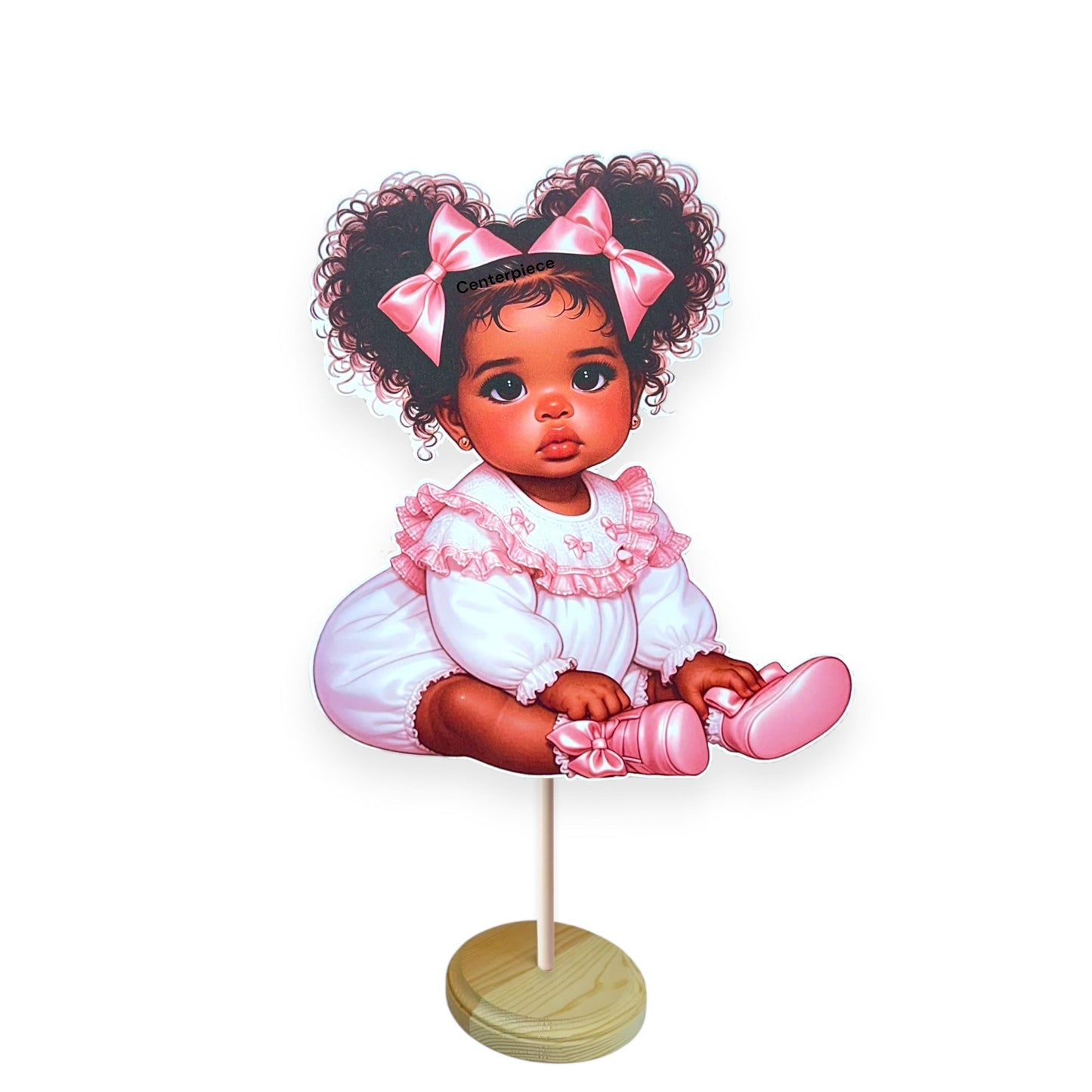 Pink African American Baby Shower Girl Centerpiece Wood Base, Diaper Table Cake Topper Decoration Vintage 1st Birthday Party