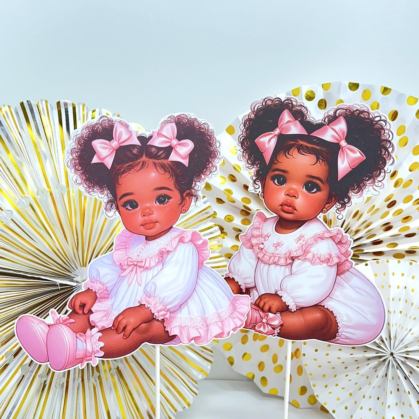 Pink African American Baby Shower Girl Centerpiece Wood Base, Diaper Table Cake Topper Decoration Vintage 1st Birthday Party