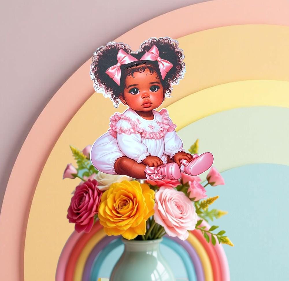 Pink African American Baby Shower Girl Centerpiece Wood Base, Diaper Table Cake Topper Decoration Vintage 1st Birthday Party