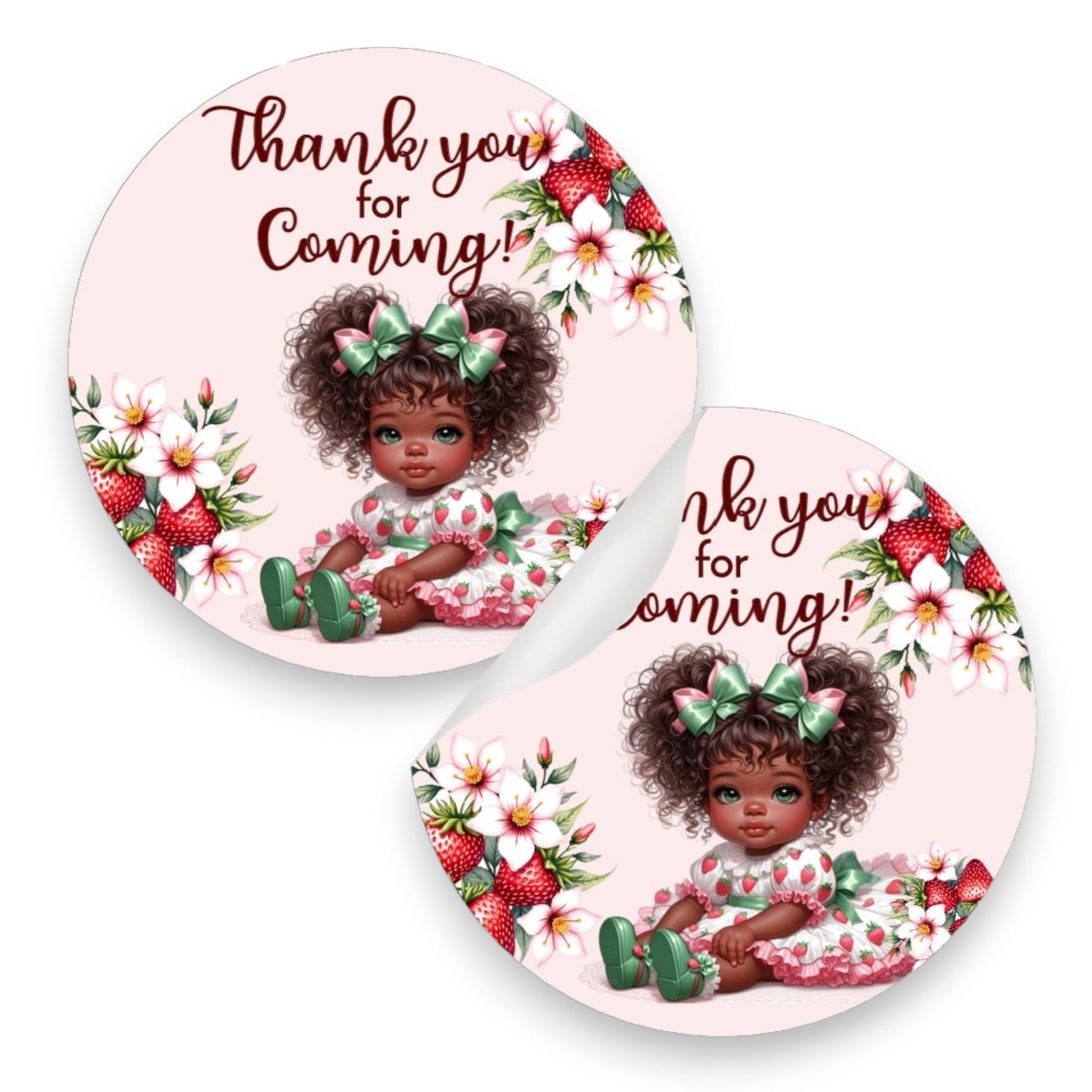 Sweet Strawberry Thank You Labels African American Berry Baby Shower Party Favor Stickers, 1st Birthday Favor Box Stickers