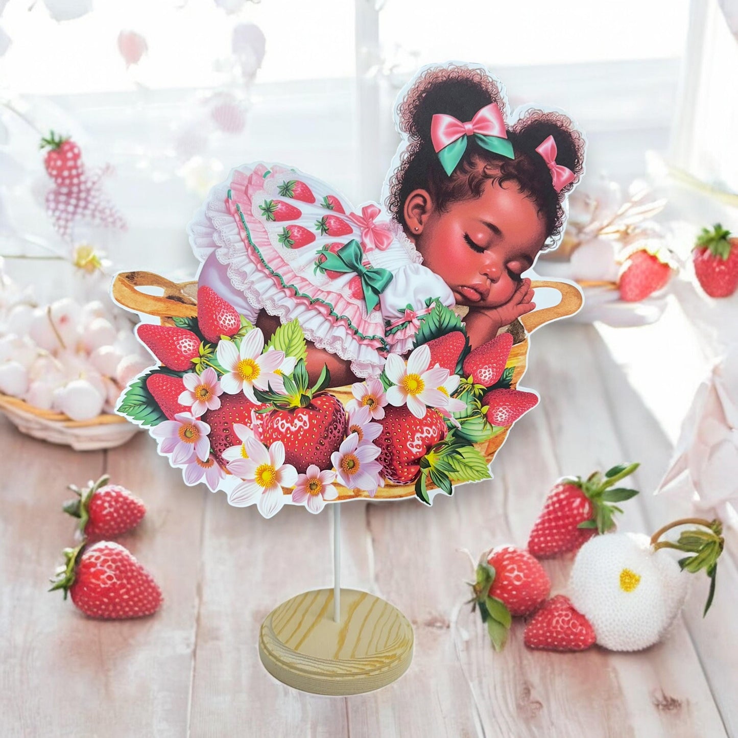 Slipping Strawberry Girl Baby Shower Centerpiece with Base, Girl Cutouts Pink Green with Bow Party Table Wall Decoration