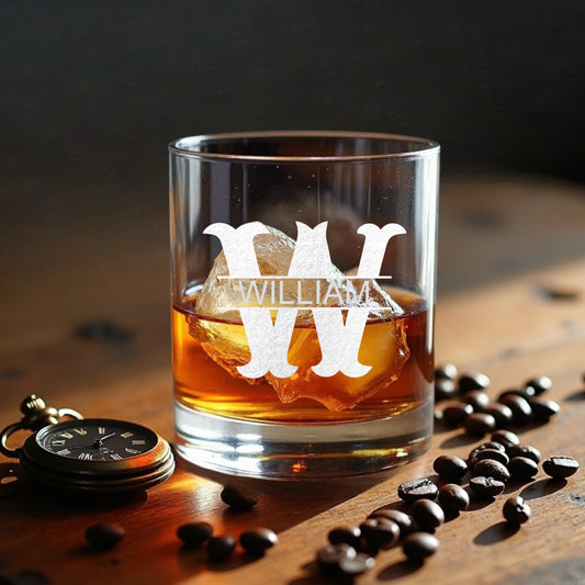 Personalized 10.5 oz monogram whiskey glass laser engraved with initial and name