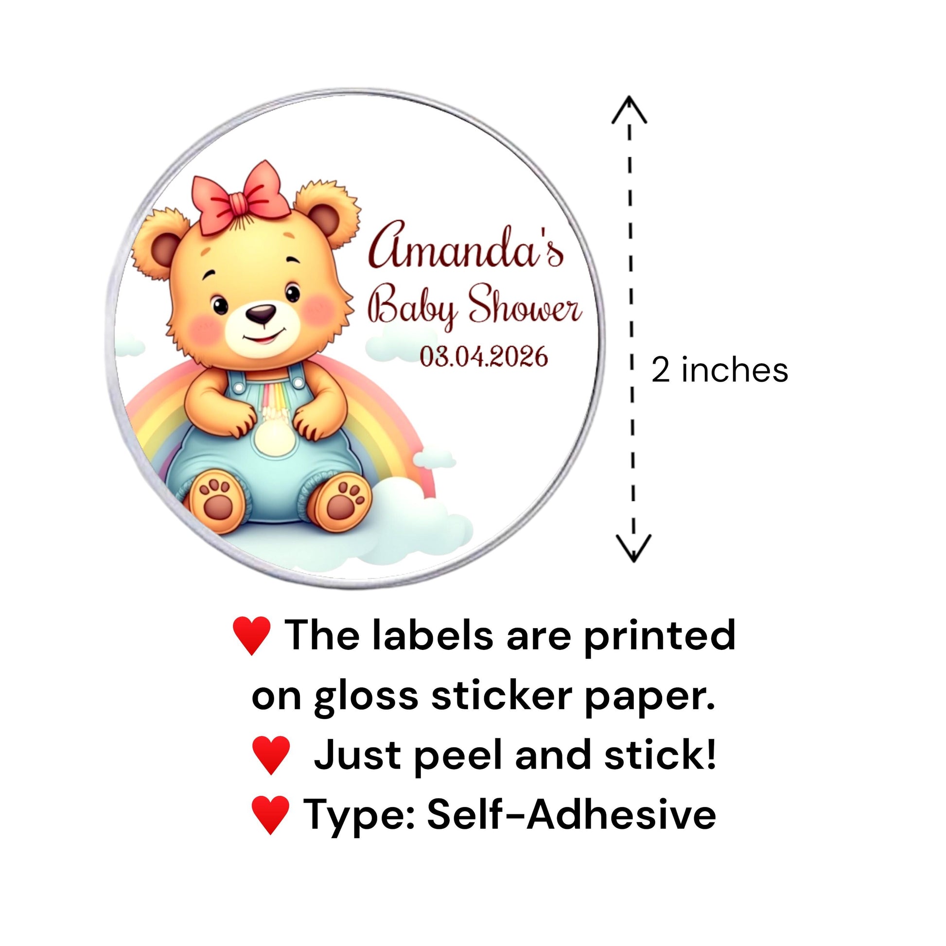 Personalized Baby Bear Girl Rainbow Labels Baby Shower 1sr Birthday Party Favor Stickers, Custom Name Labels, set of 40