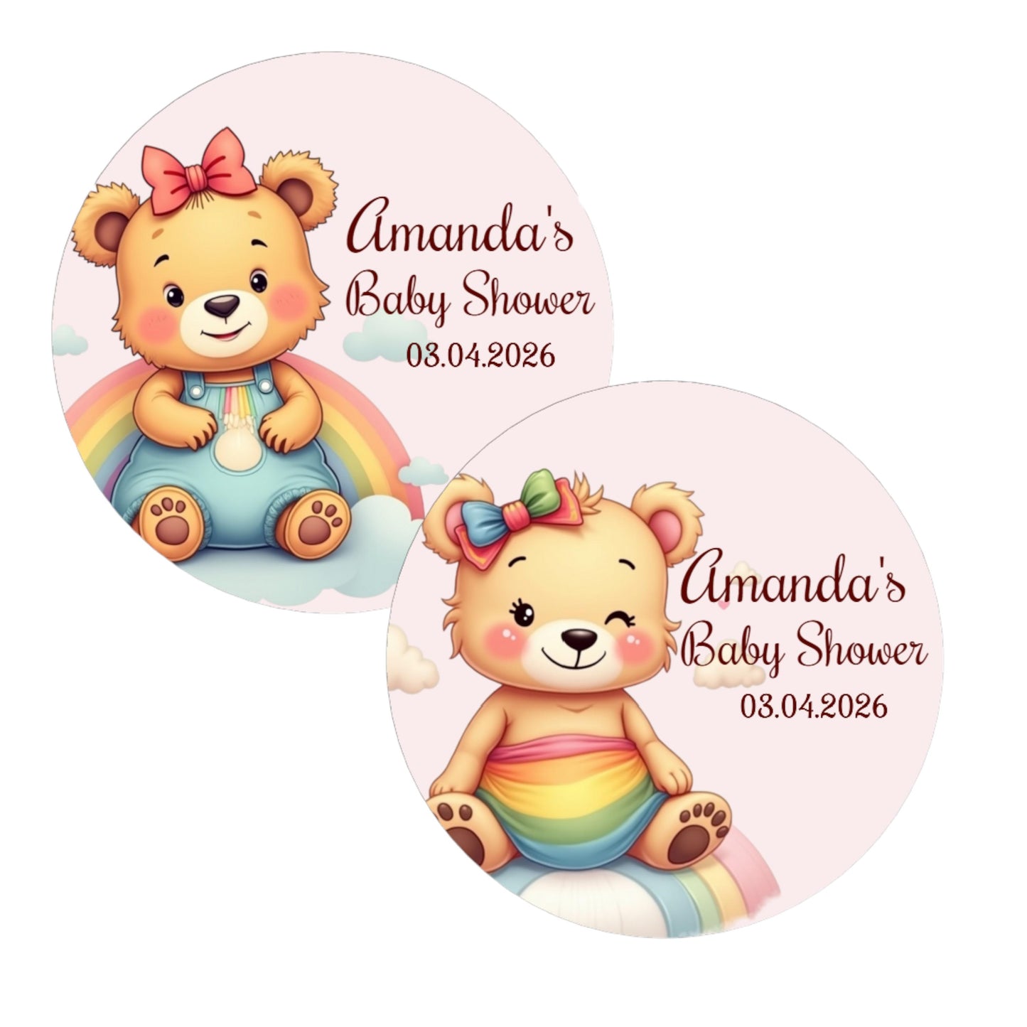 Personalized Baby Bear Girl Rainbow Labels Baby Shower 1sr Birthday Party Favor Stickers, Custom Name Labels, set of 40