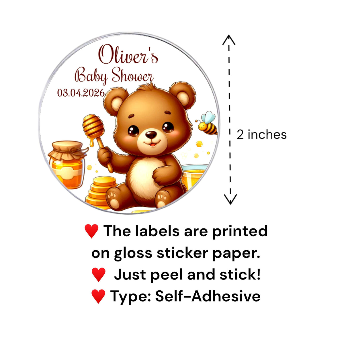 Detailed view of the adorable illustrated baby bear on a personalized round birthday party favor label.