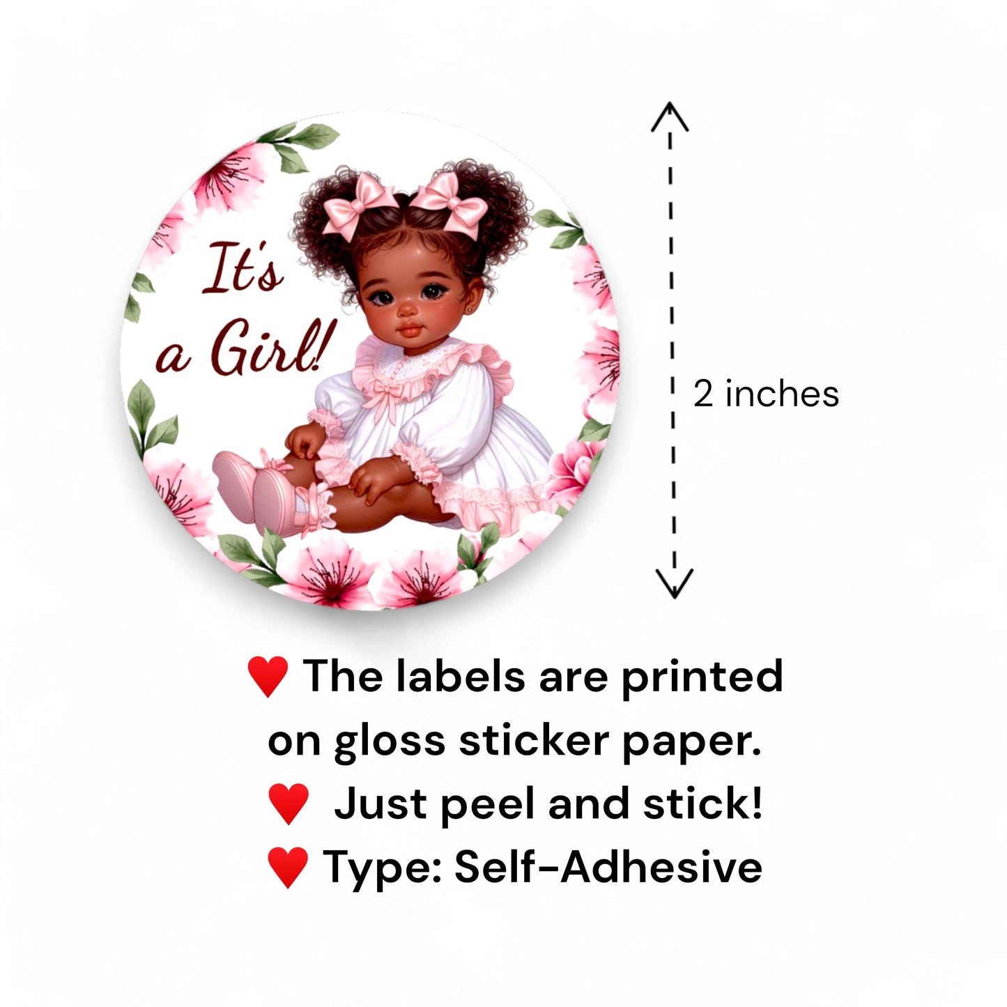 Personalized Sweet Vintage It's a Girl African American Baby Shower Labels, Round Party Favor Stickers