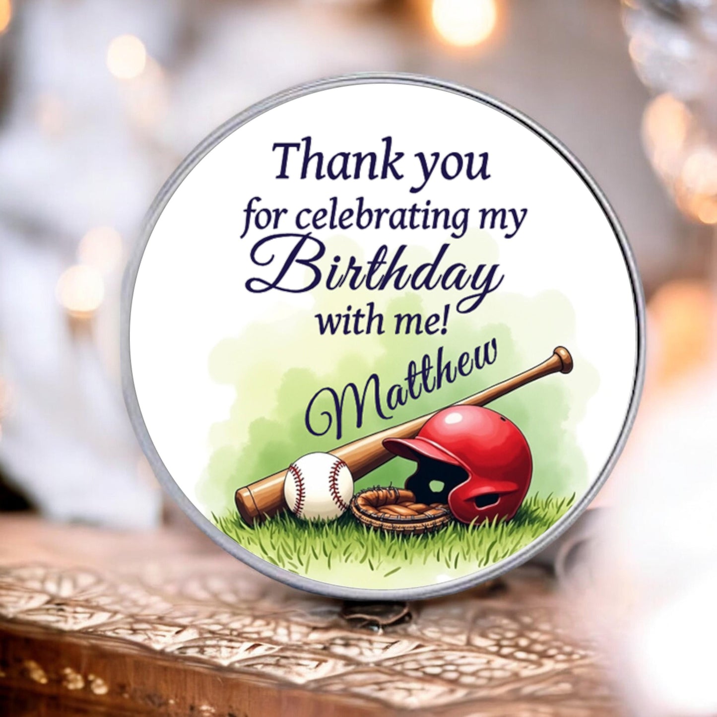 Personalized Baseball Round Favor Labels, Birthday Custom Name Party Favor Decorations, Thank You Favor Labels