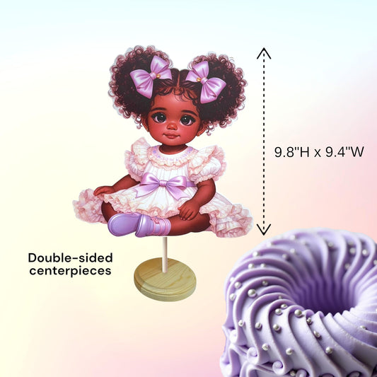 African American Baby Shower Girl Centerpiece Wood Base, Table Diaper Cake Decoration Vintage Lavender White 1st Birthday Party