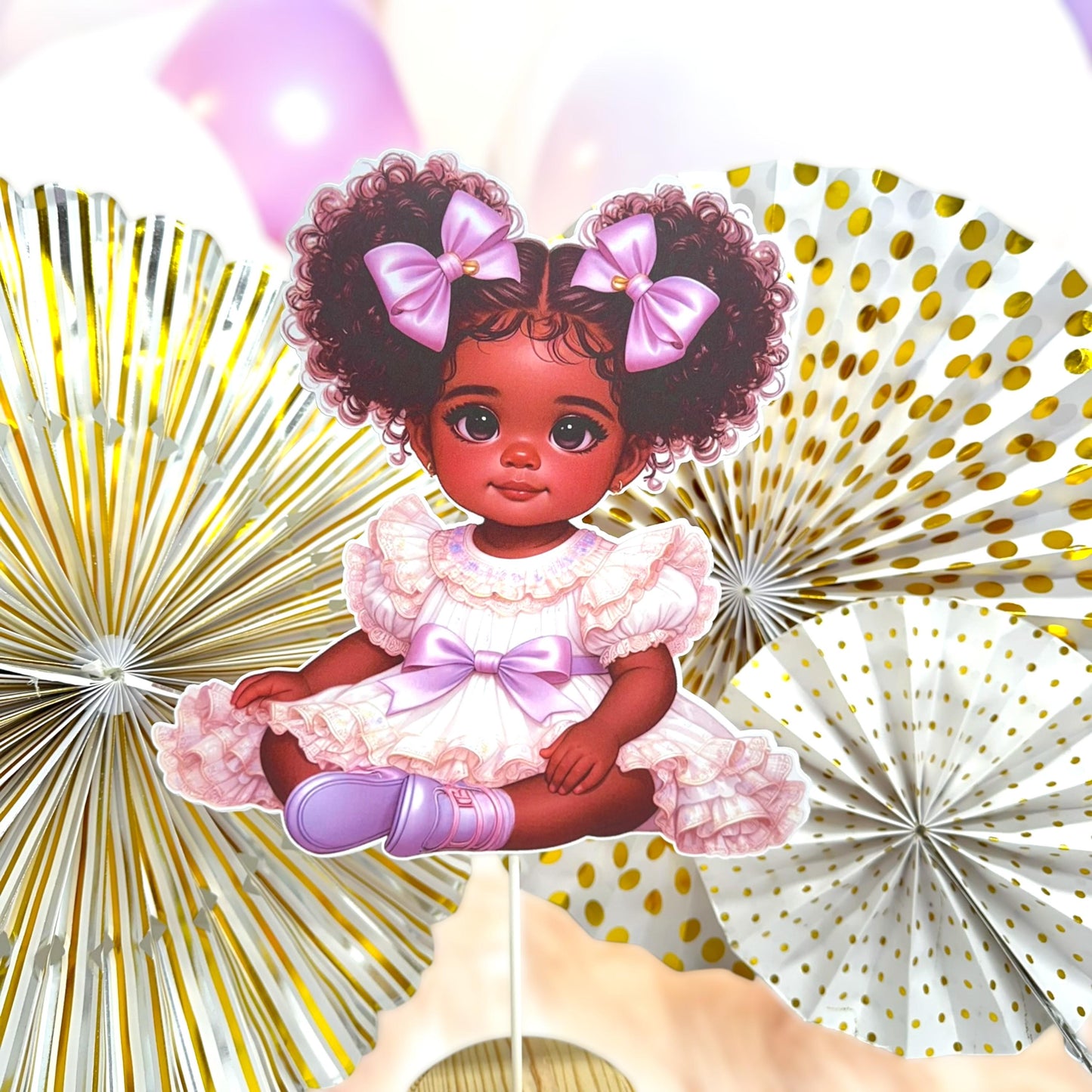 African American Baby Shower Girl Centerpiece Wood Base, Table Diaper Cake Decoration Vintage Lavender White 1st Birthday Party