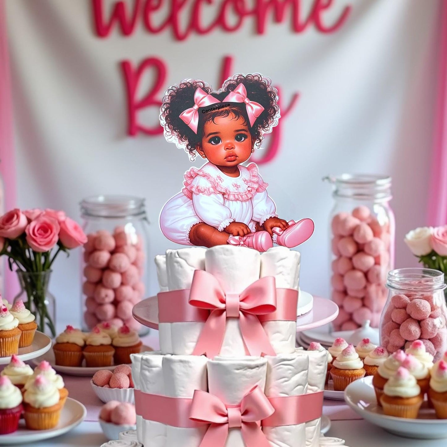 Pink African American Baby Shower Girl Centerpiece Wood Base, Diaper Table Cake Topper Decoration Vintage 1st Birthday Party