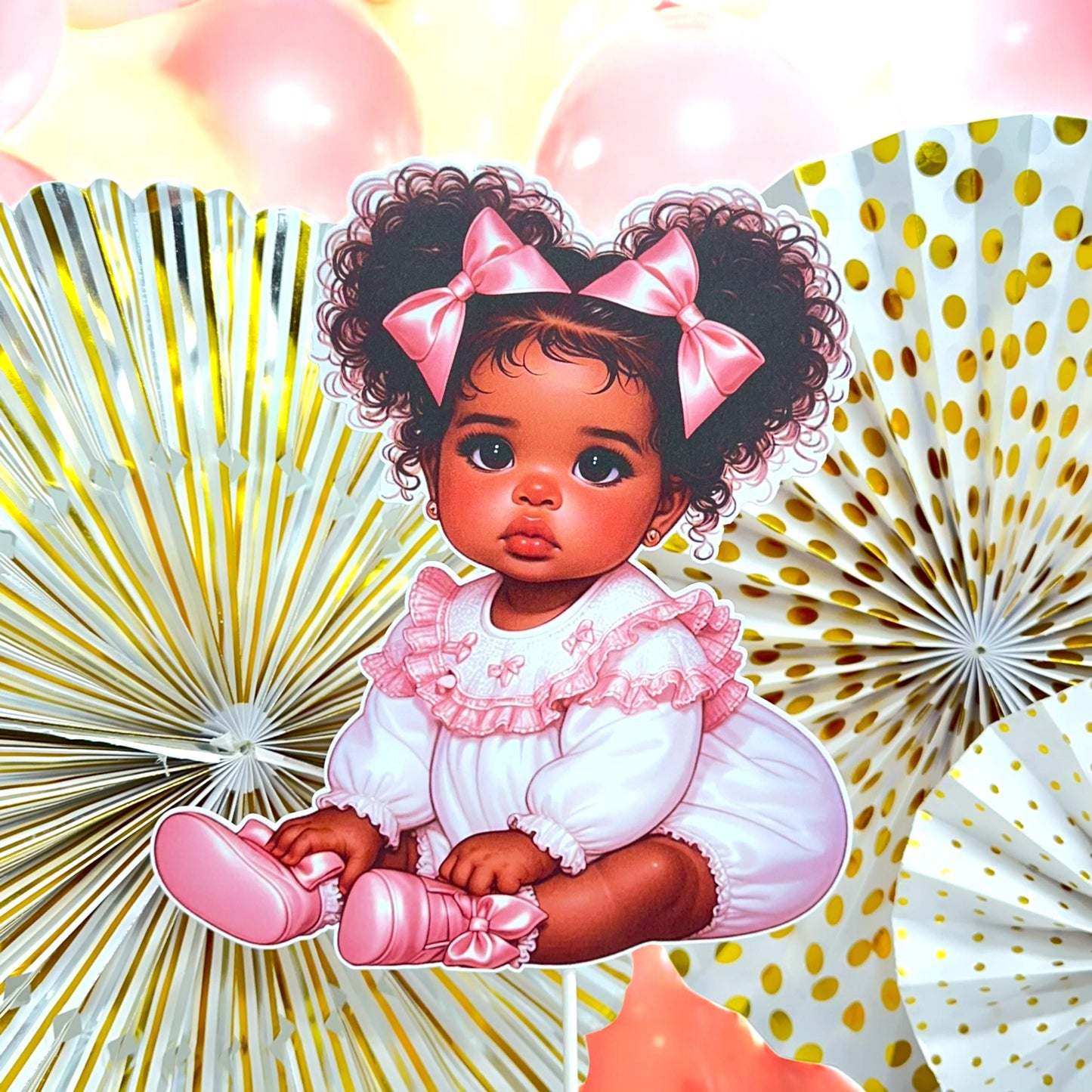 Pink African American Baby Shower Girl Centerpiece Wood Base, Diaper Table Cake Topper Decoration Vintage 1st Birthday Party