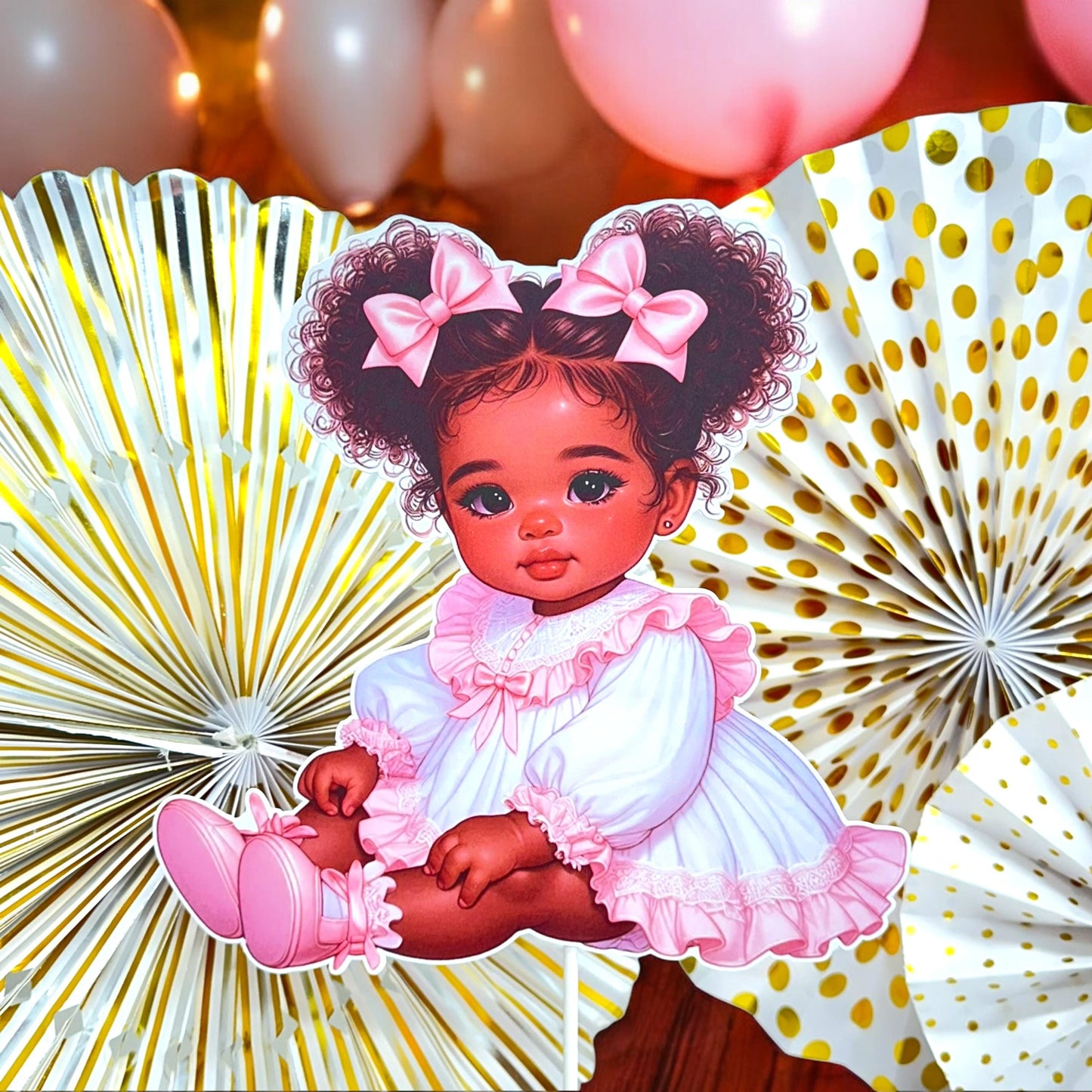 Pink African American Baby Shower Girl Centerpiece Wood Base, Diaper Table Cake Topper Decoration Vintage 1st Birthday Party