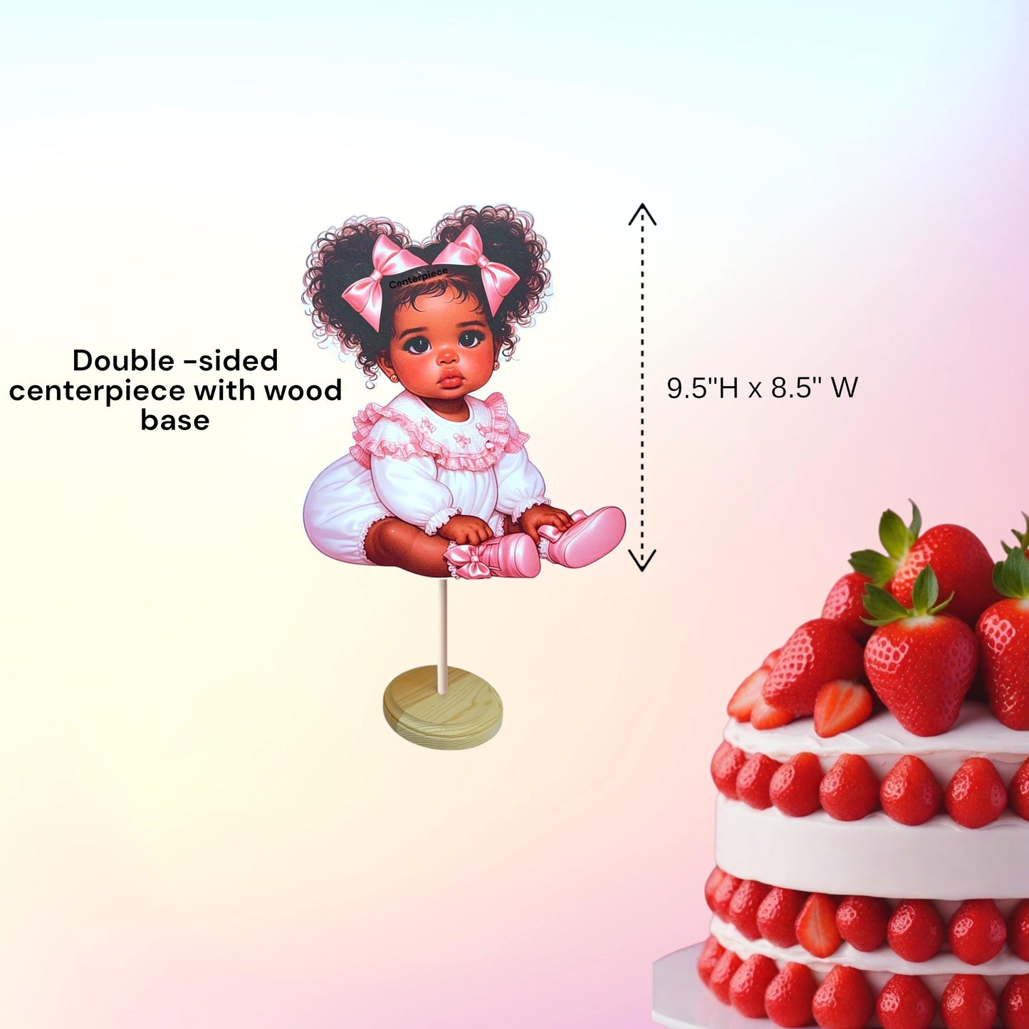 Pink African American Baby Shower Girl Centerpiece Wood Base, Diaper Table Cake Topper Decoration Vintage 1st Birthday Party