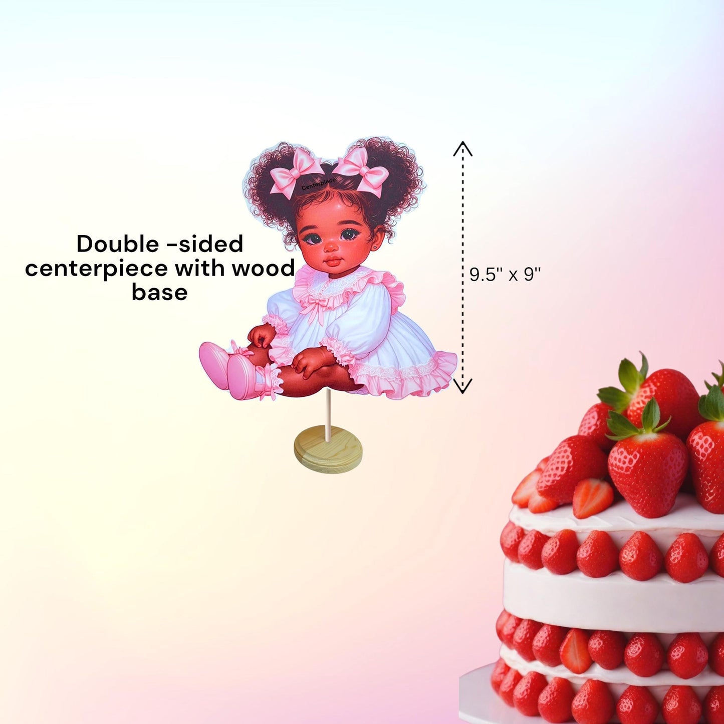 Pink African American Baby Shower Girl Centerpiece Wood Base, Diaper Table Cake Topper Decoration Vintage 1st Birthday Party