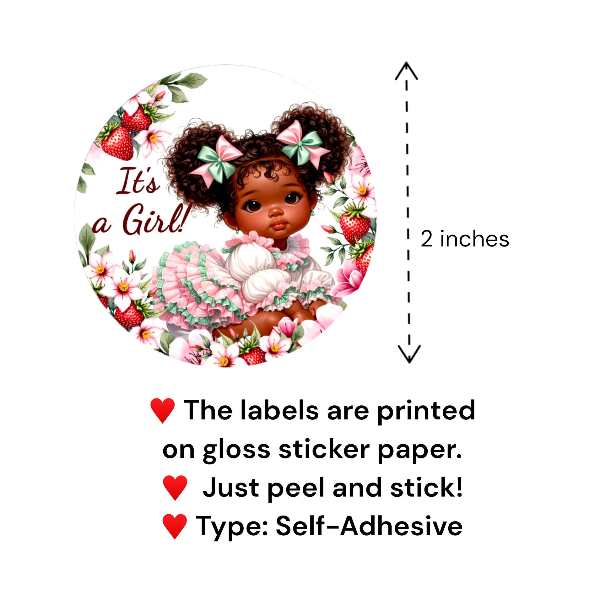 Personalized Sweet Strawberry It's a Girl African American Berry Baby Shower Labels, Party Favor Stickers, 1st Birthday Favor Box Stickers