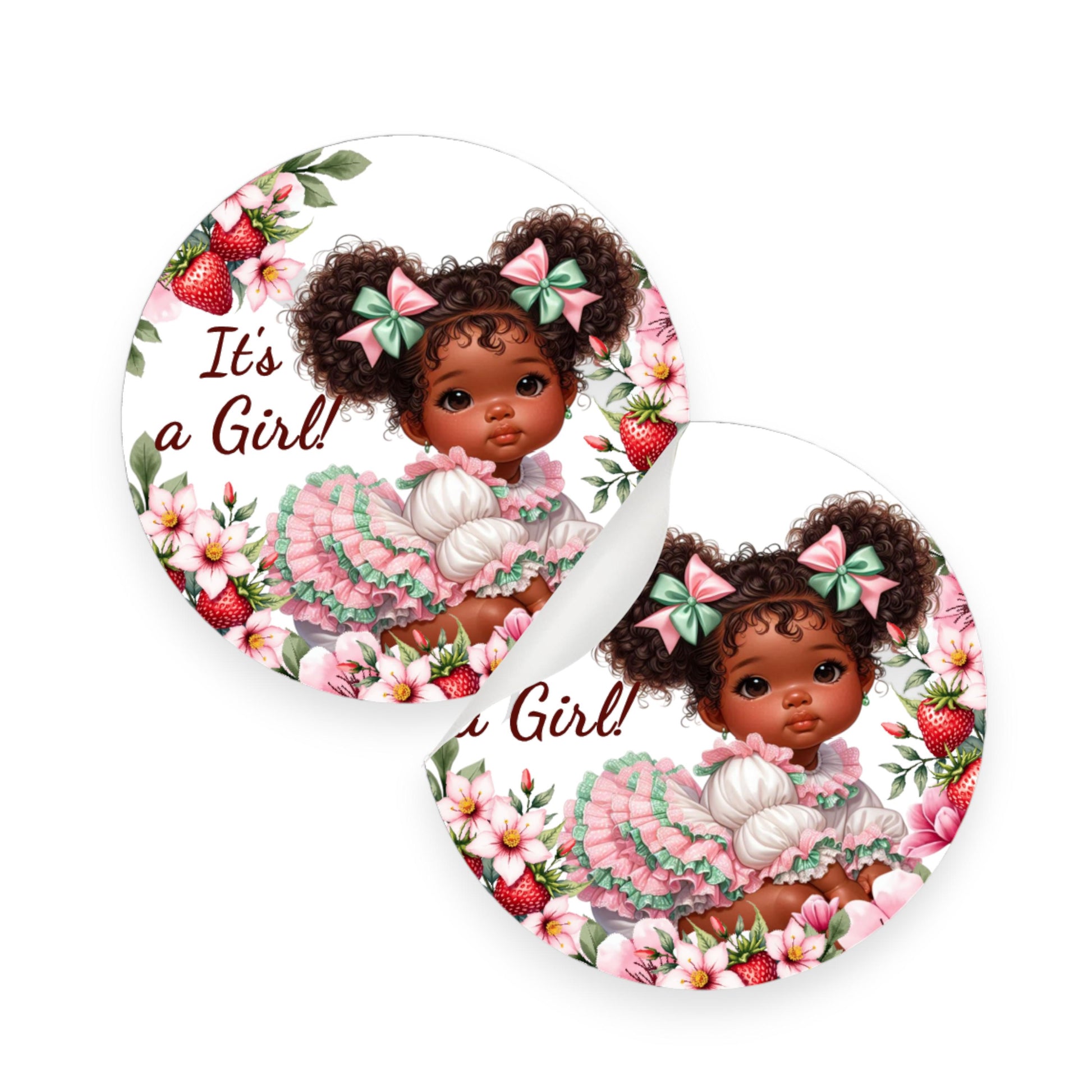 Personalized Sweet Strawberry It's a Girl African American Berry Baby Shower Labels, Party Favor Stickers, 1st Birthday Favor Box Stickers