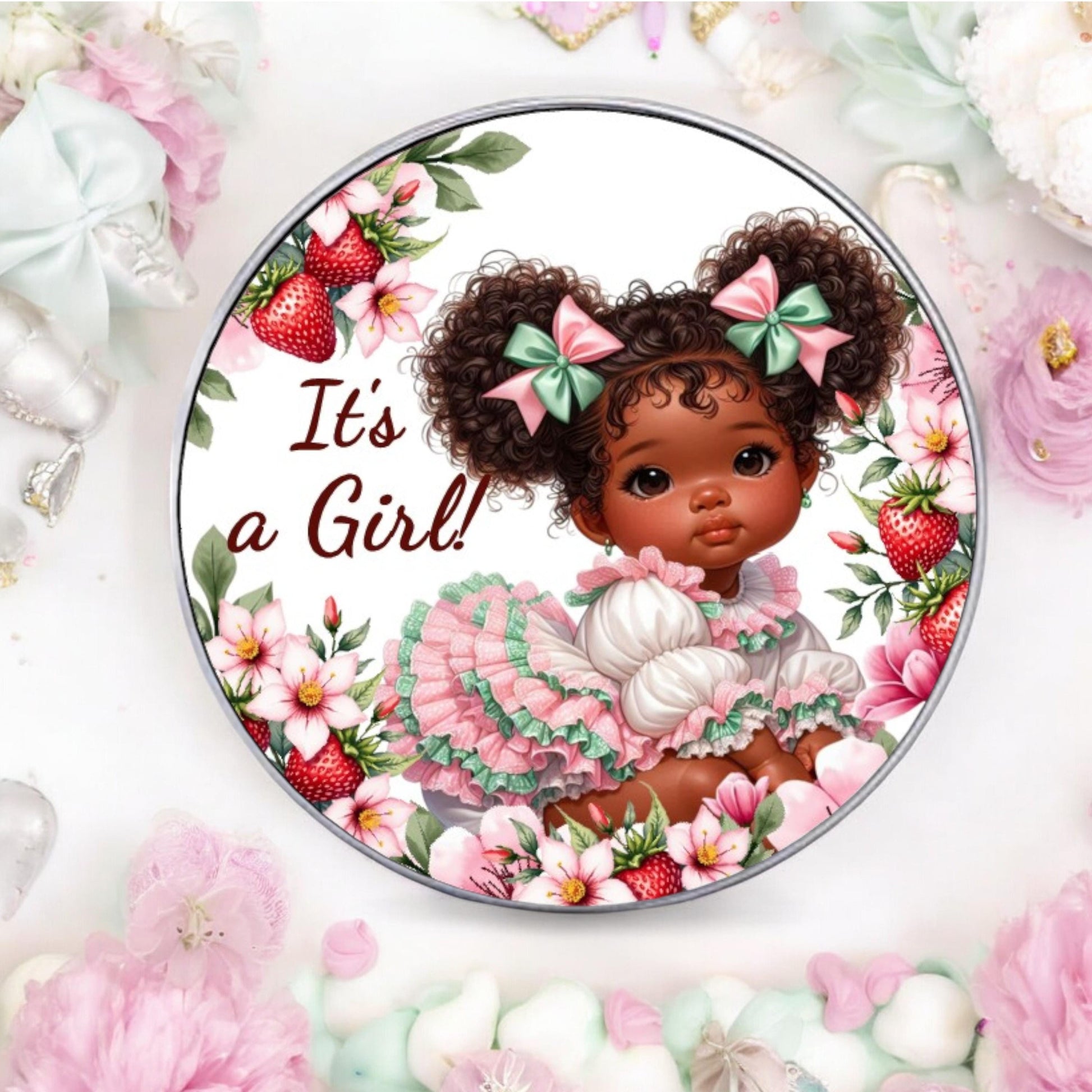 Personalized Sweet Strawberry It's a Girl African American Berry Baby Shower Labels, Party Favor Stickers, 1st Birthday Favor Box Stickers