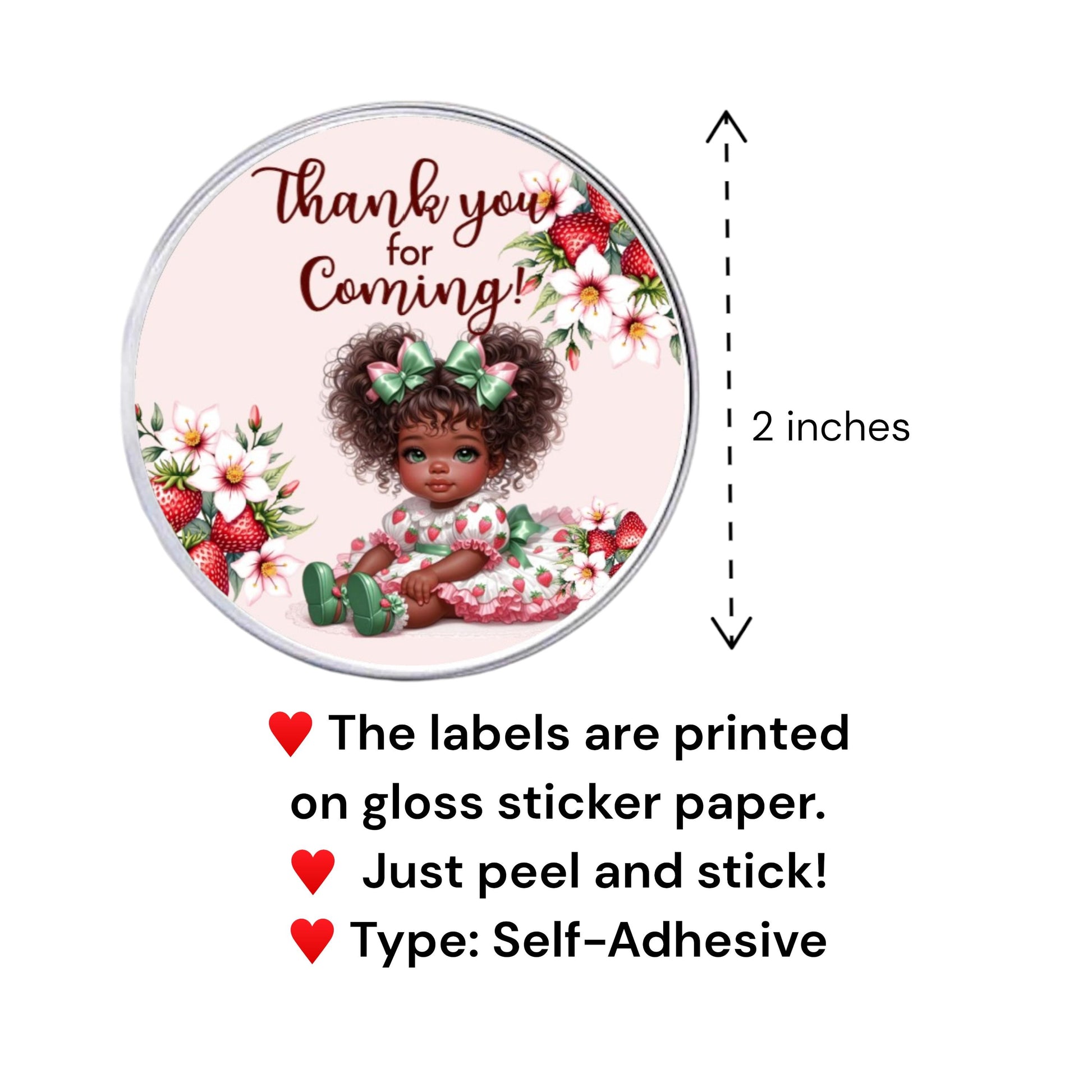 Sweet Strawberry Thank You Labels African American Berry Baby Shower Party Favor Stickers, 1st Birthday Favor Box Stickers