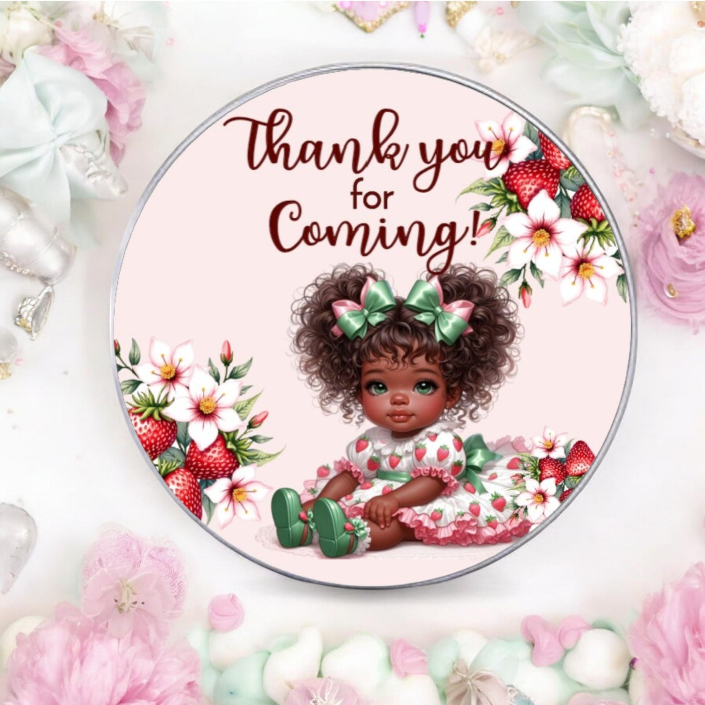 Sweet Strawberry Thank You Labels African American Berry Baby Shower Party Favor Stickers, 1st Birthday Favor Box Stickers
