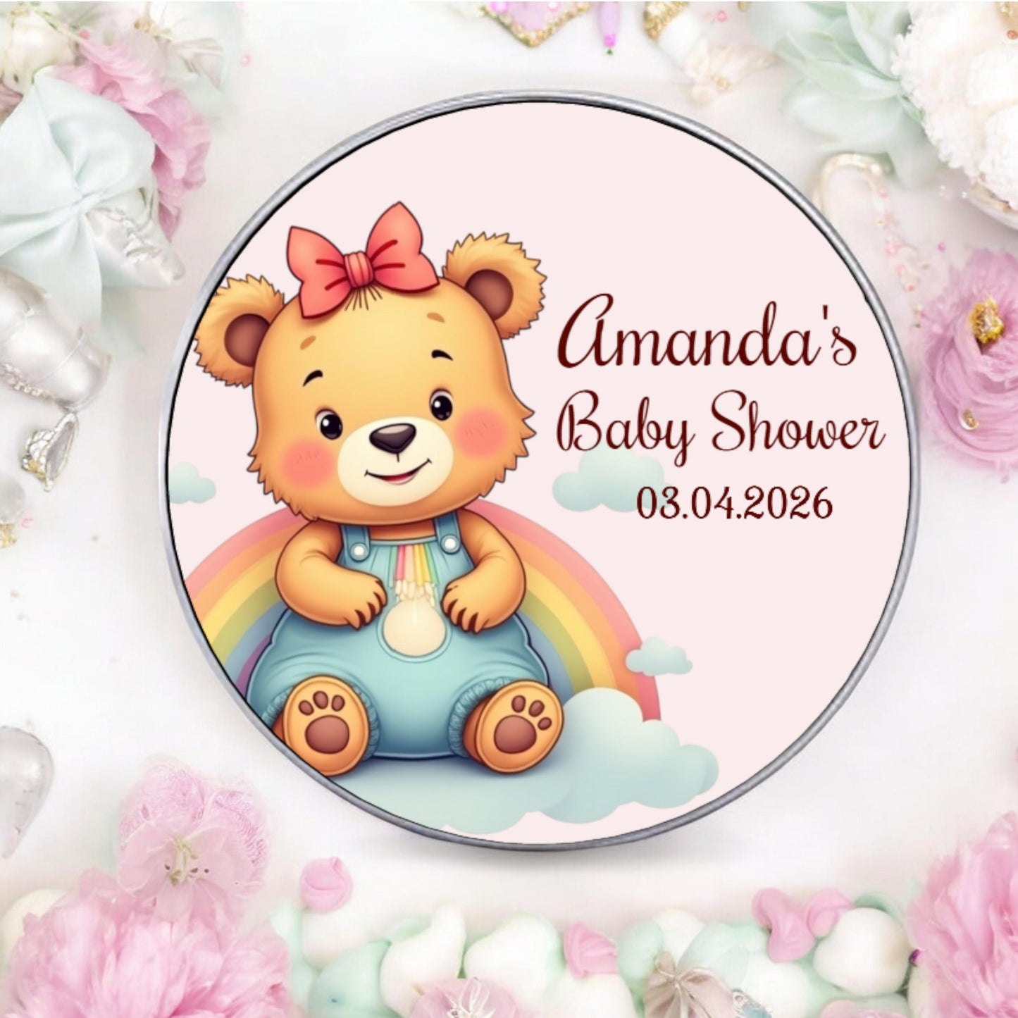 Personalized Baby Bear Girl Rainbow Labels Baby Shower 1sr Birthday Party Favor Stickers, Custom Name Labels, set of 40