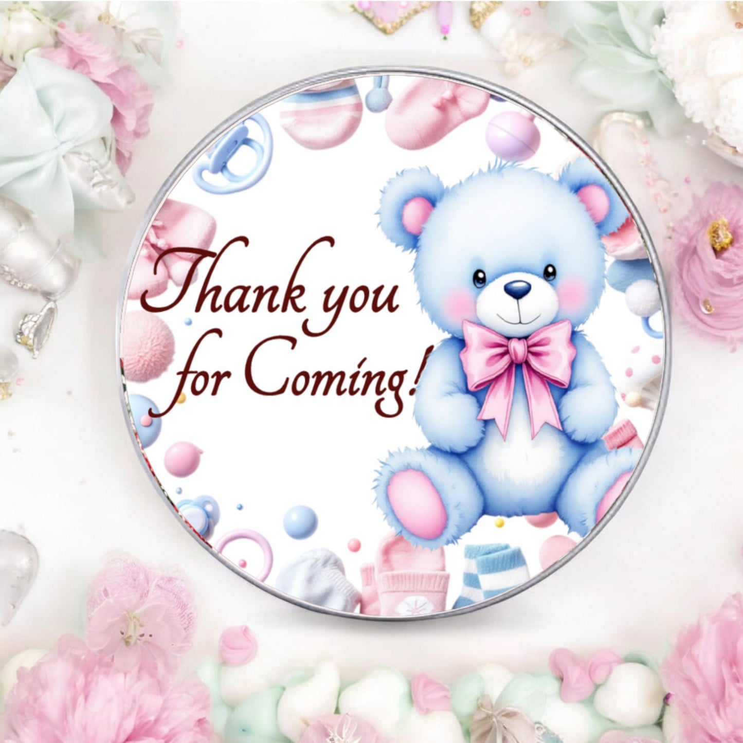 Personalized Sweet Bear Pink Blue Baby Shower Labels, Party Favor Stickers, 1st Birthday Favor Box Stickers