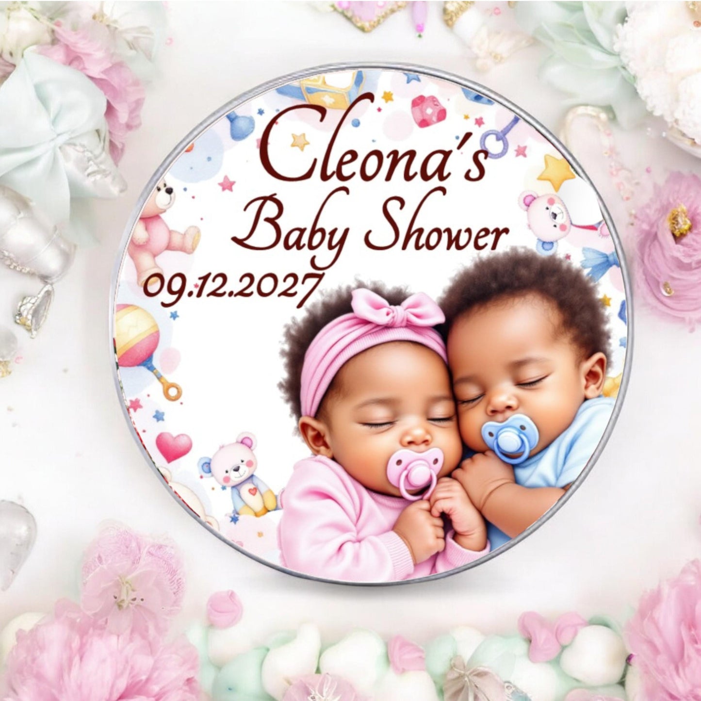 Personalized Twins Boy Girl Baby Shower Labels, African American and White Baby Party Favor Stickers, 1st Birthday Favor Box Stickers