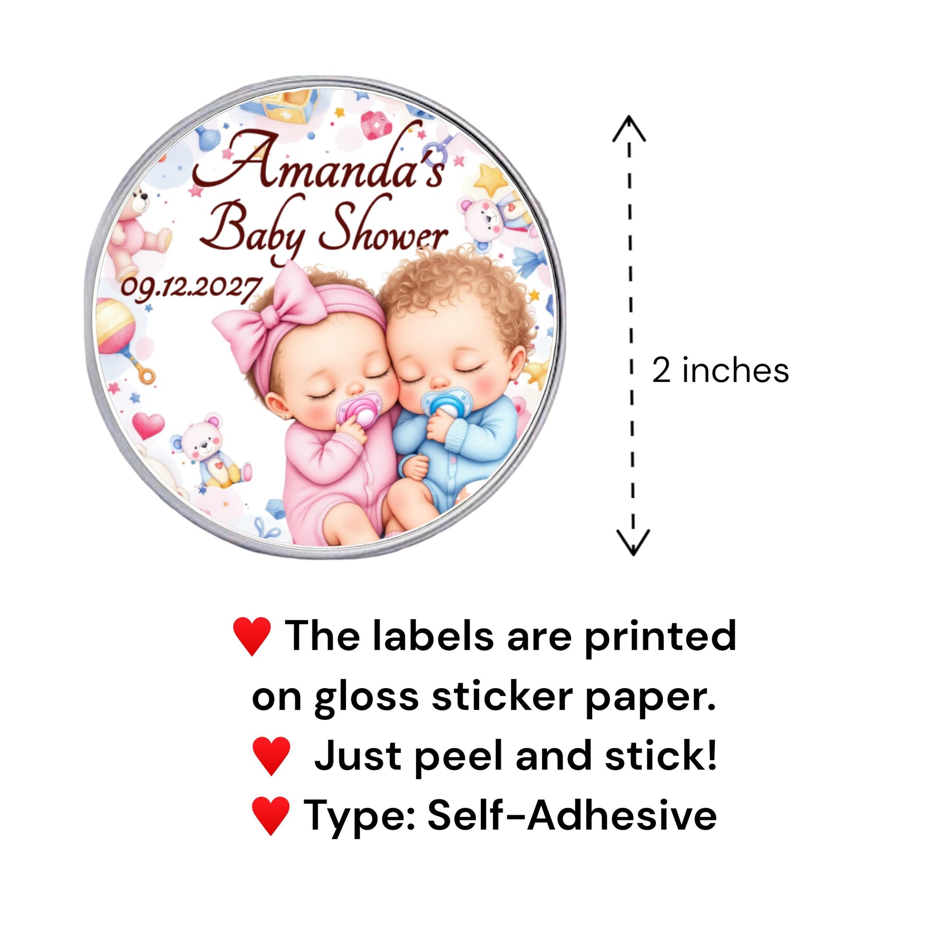 Personalized Twins Boy Girl Baby Shower Labels, African American and White Baby Party Favor Stickers, 1st Birthday Favor Box Stickers