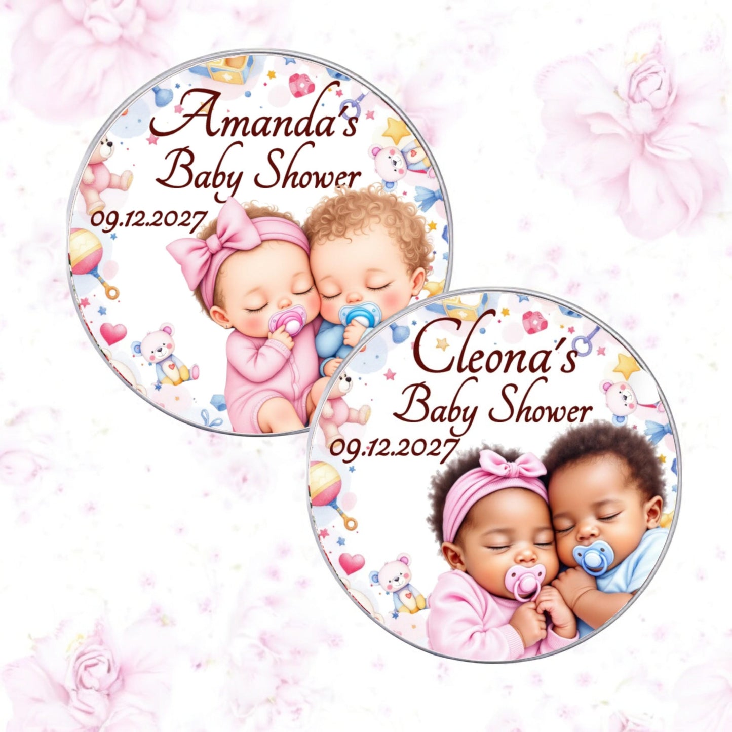 Personalized Twins Boy Girl Baby Shower Labels, African American and White Baby Party Favor Stickers, 1st Birthday Favor Box Stickers