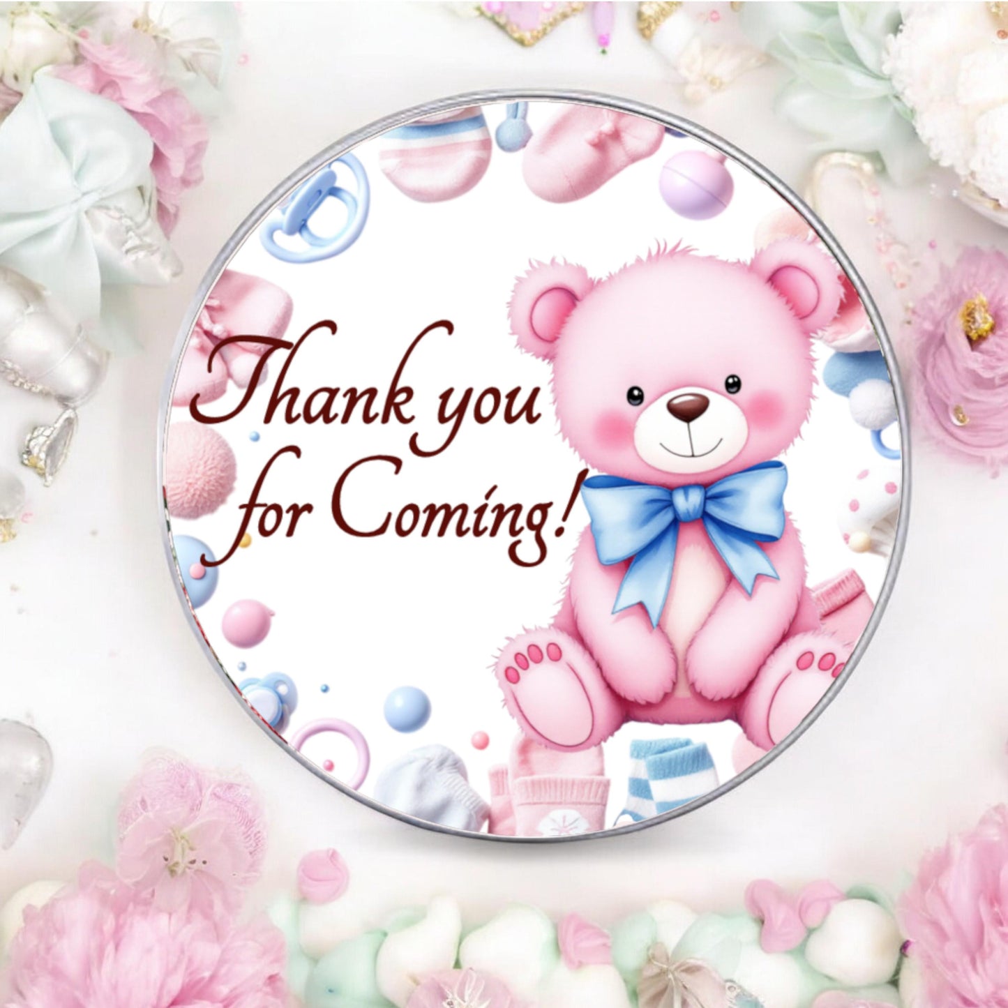 Personalized Sweet Bear Pink Blue Baby Shower Labels, Party Favor Stickers, 1st Birthday Favor Box Stickers