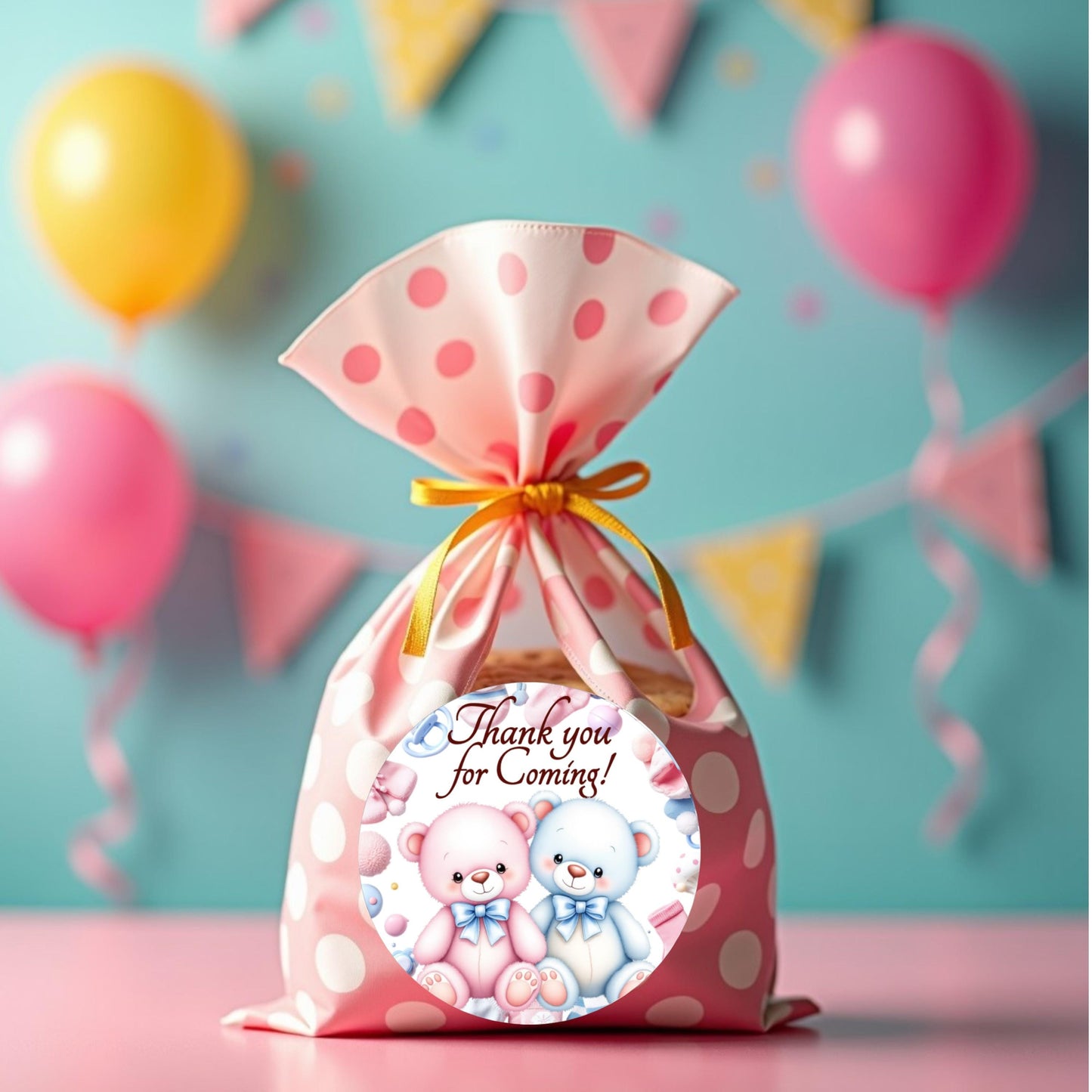 Personalized Twins Bear Pink Blue Baby Shower Labels, Party Favor Stickers, 1st Birthday Favor Box Stickers