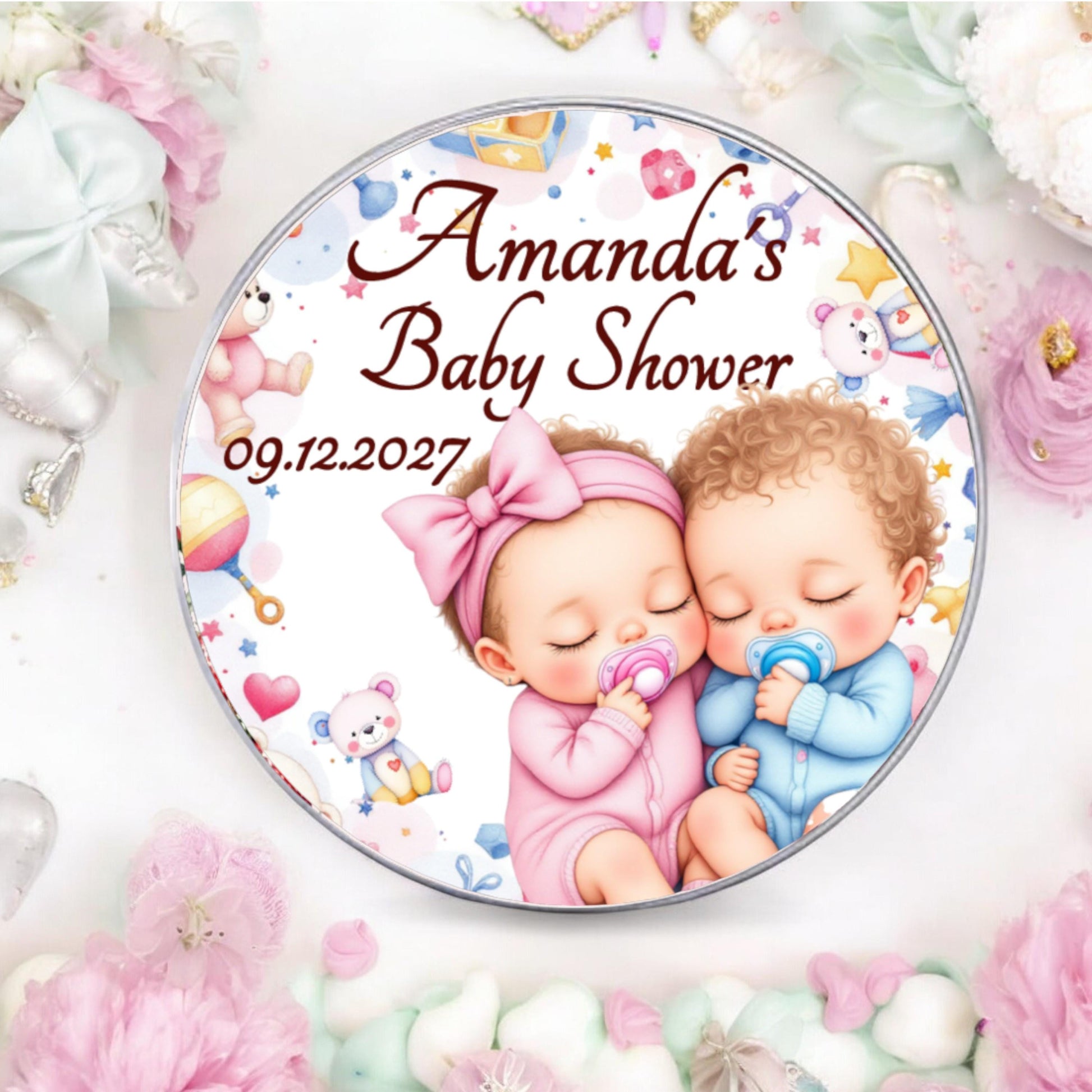 Personalized Twins Boy Girl Baby Shower Labels, African American and White Baby Party Favor Stickers, 1st Birthday Favor Box Stickers