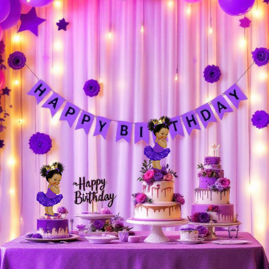 Close-up of purple gold princess centerpieces on white background, featuring single-sided cardstock cutouts