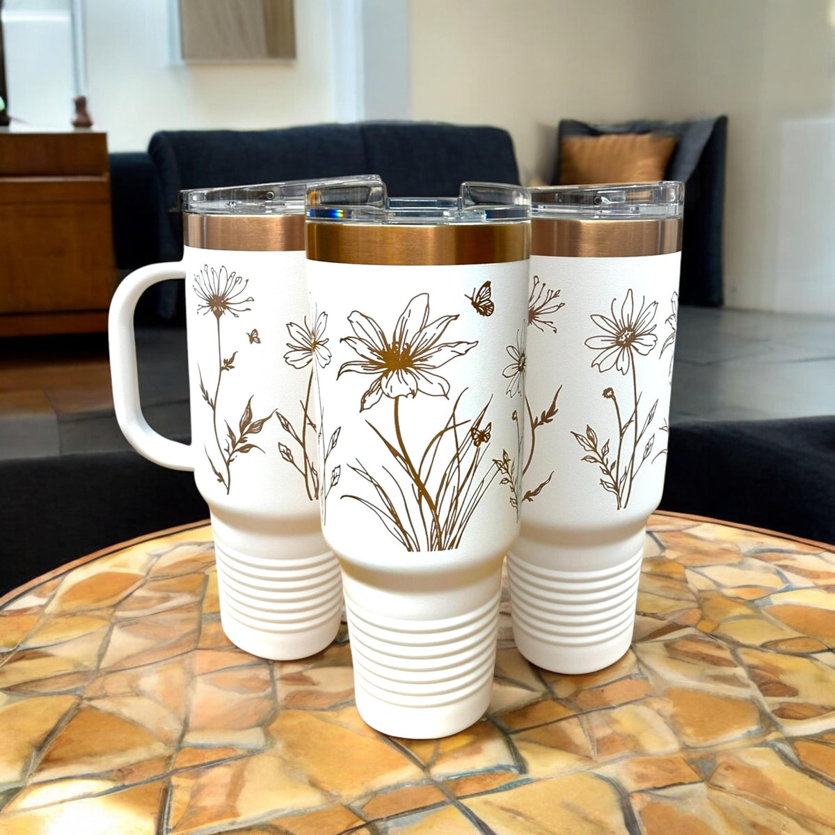 Personalized Wild Floral 40 oz Tumbler | Rose Gold Engraved with Handle