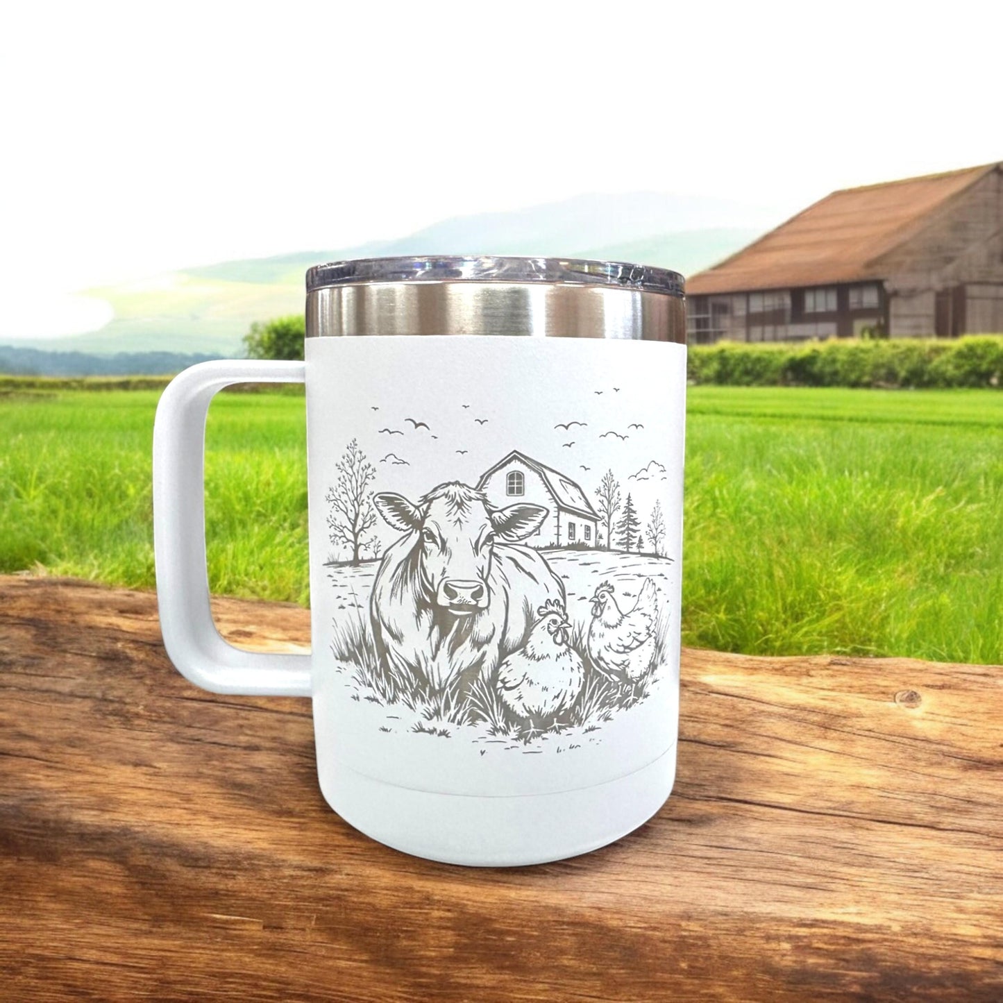 15 oz Personalized Farm Coffee Mug – Farmhouse Cup with Handle – Custom Laser Engraved Cow, Chicken, Duck Farmhouse Logo with Name