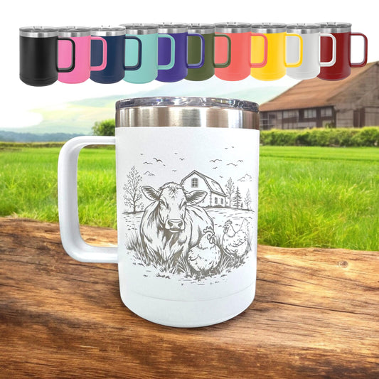 15 oz Personalized Farm Coffee Mug – Farmhouse Cup with Handle – Custom Laser Engraved Cow, Chicken, Duck Farmhouse Logo with Name