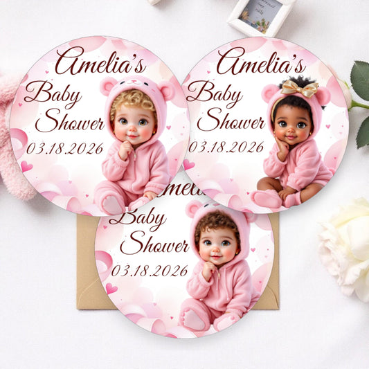 Personalized Pink Baby Girl Bear Labels, Baby Shower 1st Birthday Party Favors Stickers, Round Labels