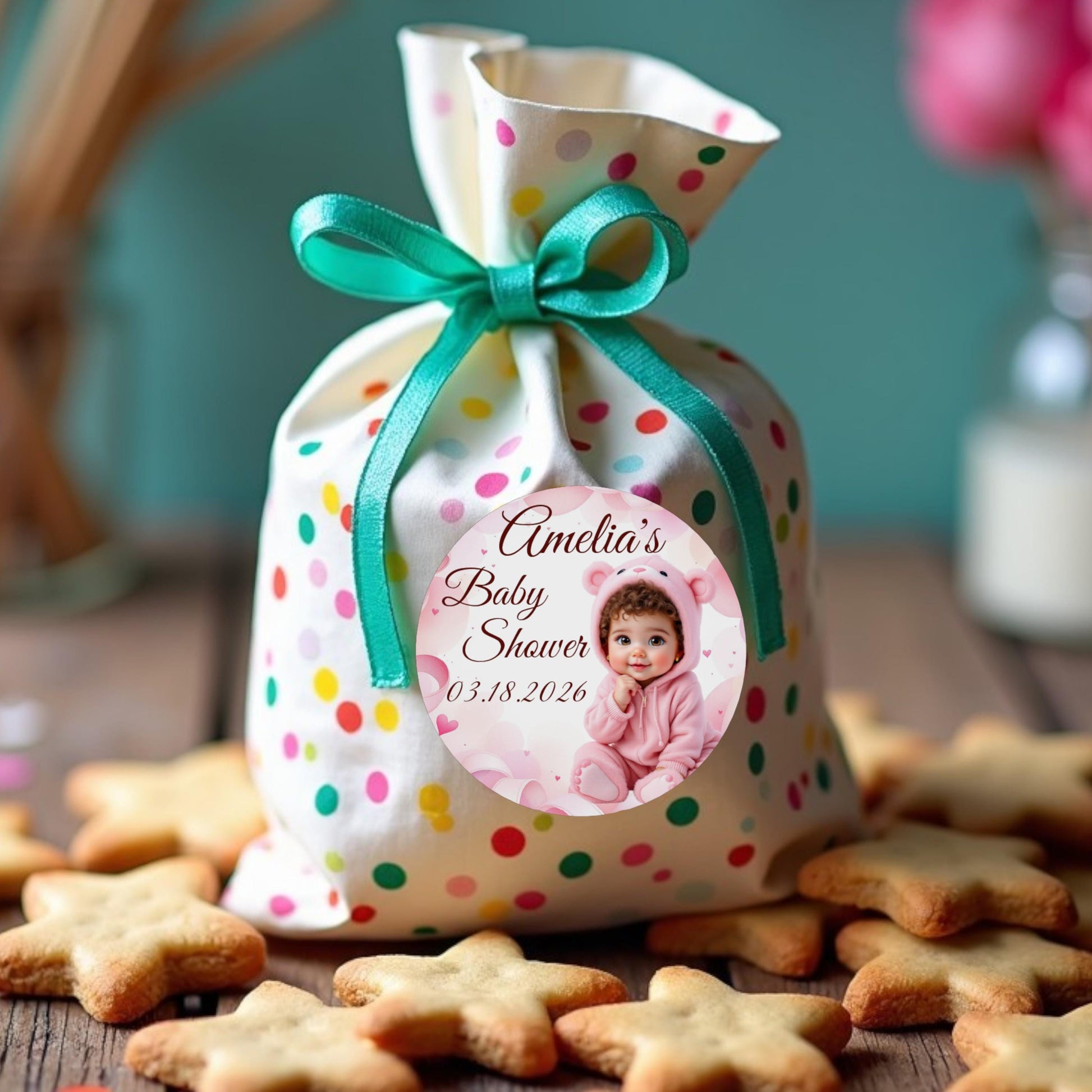 Personalized Pink Baby Girl Bear Labels, Baby Shower 1st Birthday Party Favors Stickers, Round Labels