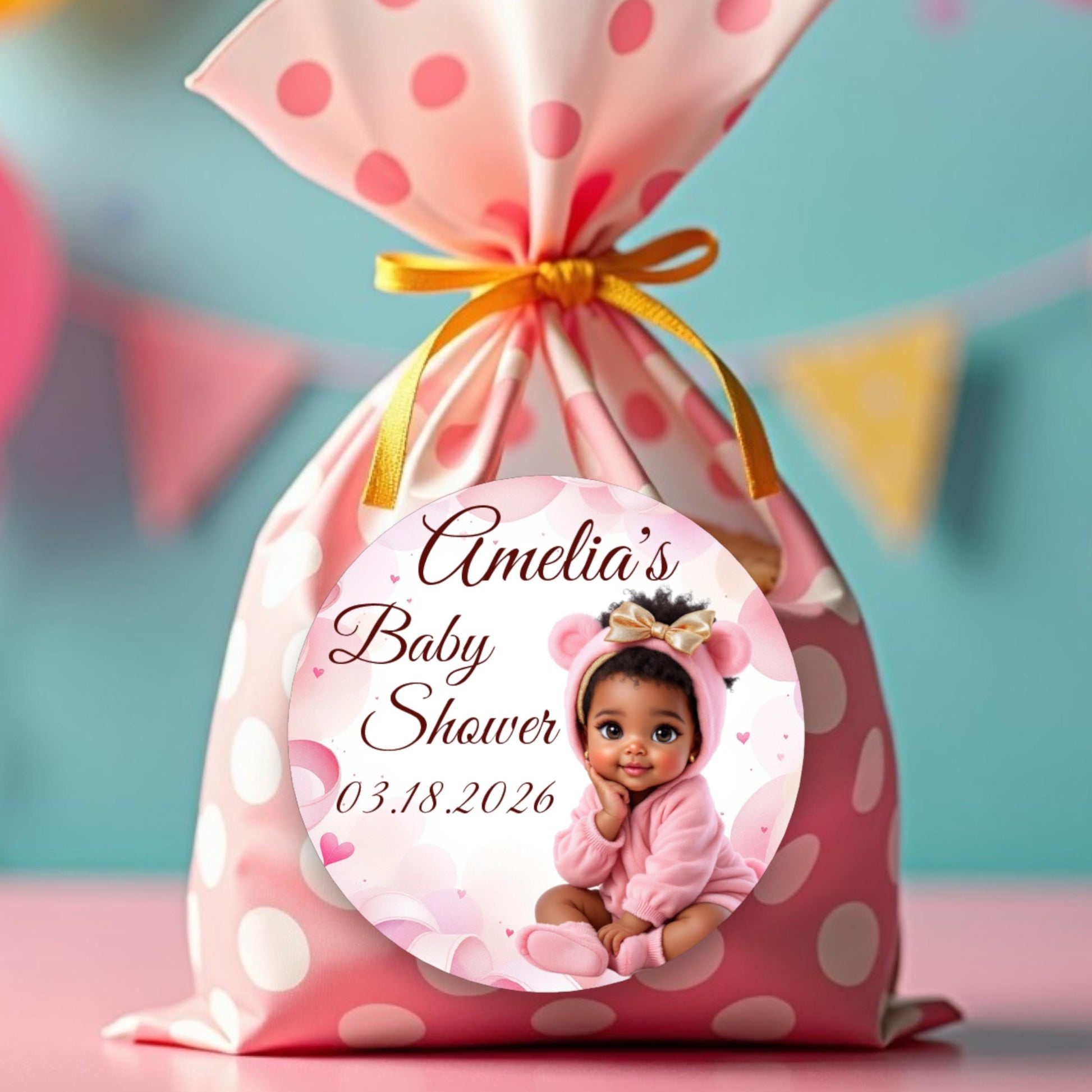 Personalized Pink Baby Girl Bear Labels, Baby Shower 1st Birthday Party Favors Stickers, Round Labels