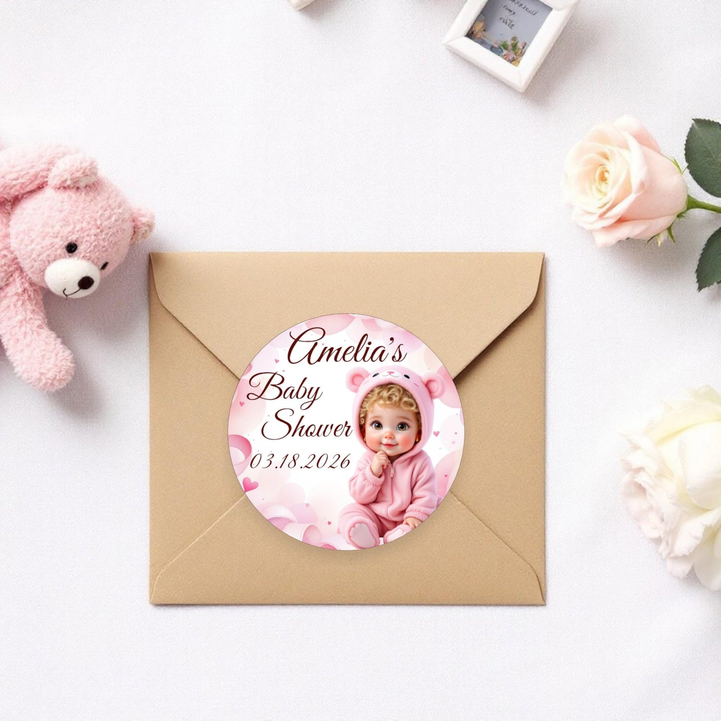 Personalized Pink Baby Girl Bear Labels, Baby Shower 1st Birthday Party Favors Stickers, Round Labels