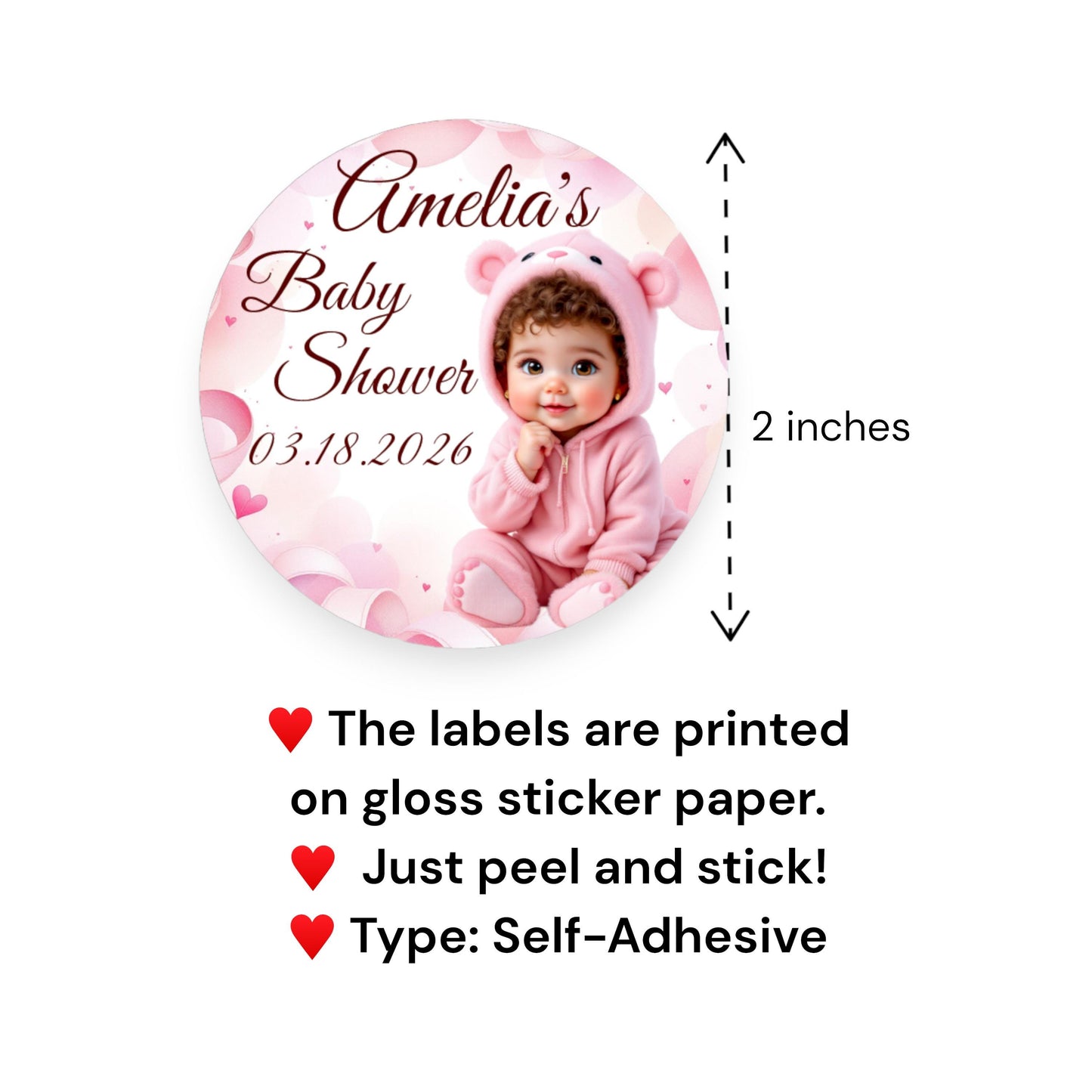 Personalized Pink Baby Girl Bear Labels, Baby Shower 1st Birthday Party Favors Stickers, Round Labels