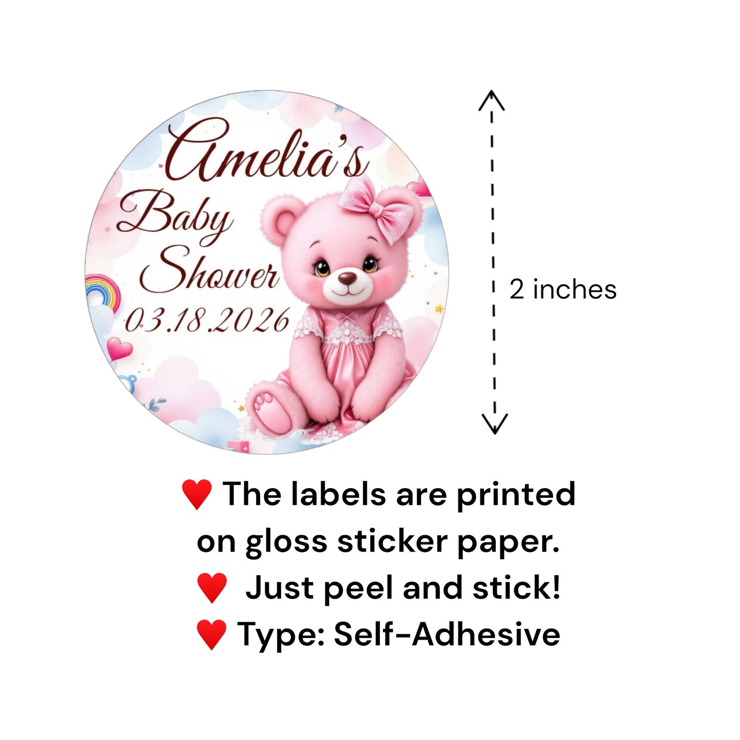 Custom Name Pink Bear Labels, Baby Shower 1st Birthday Party Favors Stickers, Round Labels