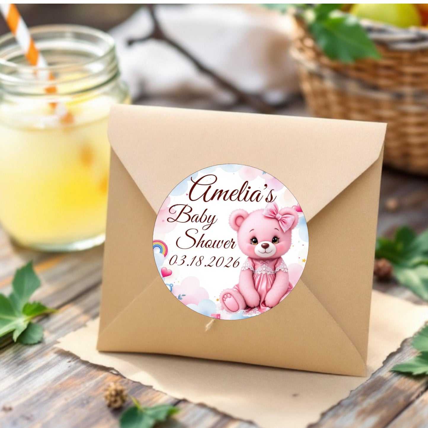 Custom Name Pink Bear Labels, Baby Shower 1st Birthday Party Favors Stickers, Round Labels