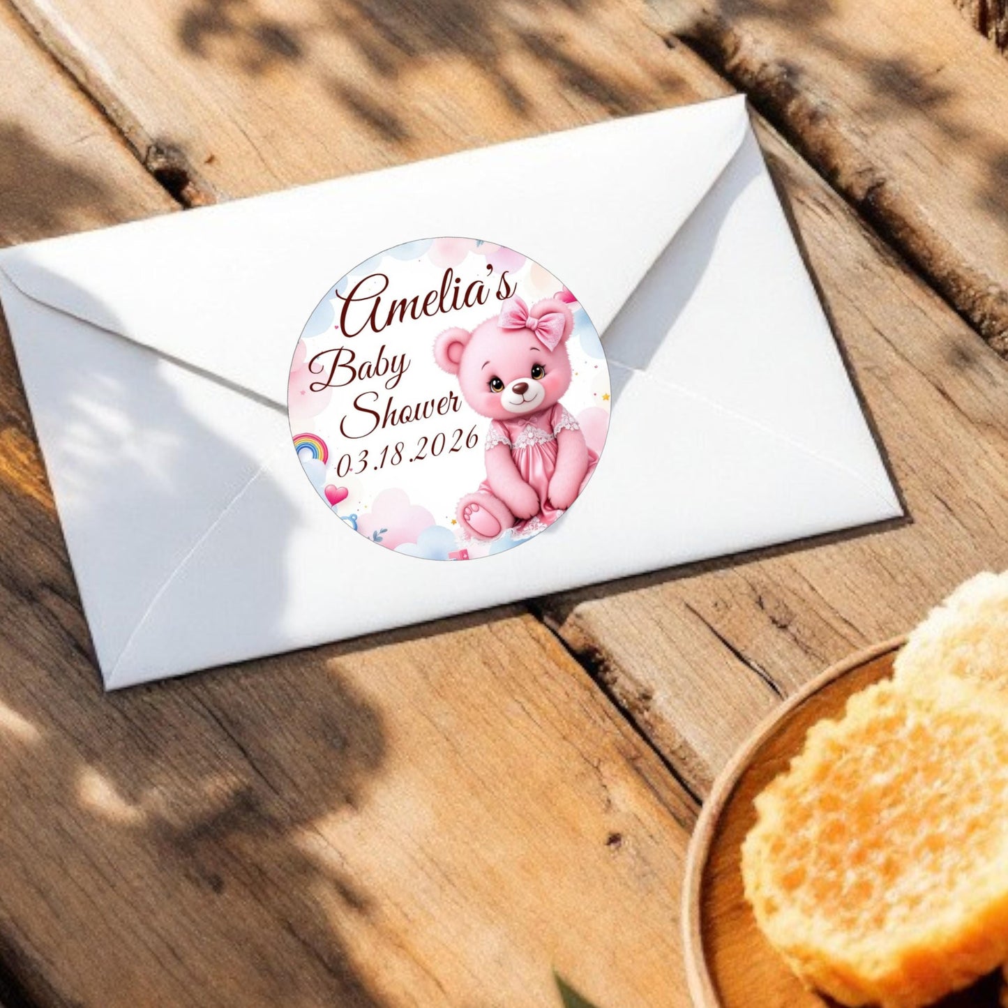 Custom Name Pink Bear Labels, Baby Shower 1st Birthday Party Favors Stickers, Round Labels