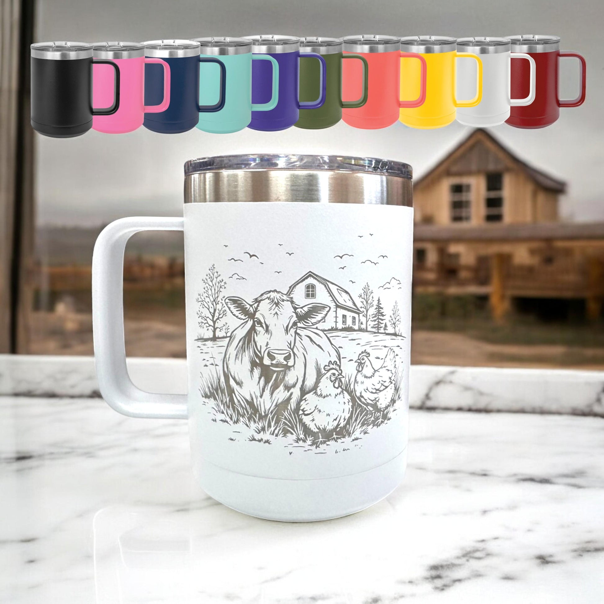15 oz Personalized Farm Coffee Mug – Farmhouse Cup with Handle – Custom Laser Engraved Cow, Chicken, Duck Farmhouse Logo with Name