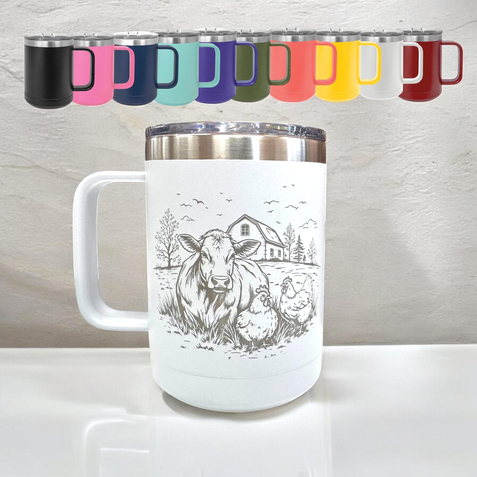 15 oz Personalized Farm Coffee Mug – Farmhouse Cup with Handle – Custom Laser Engraved Cow, Chicken, Duck Farmhouse Logo with Name