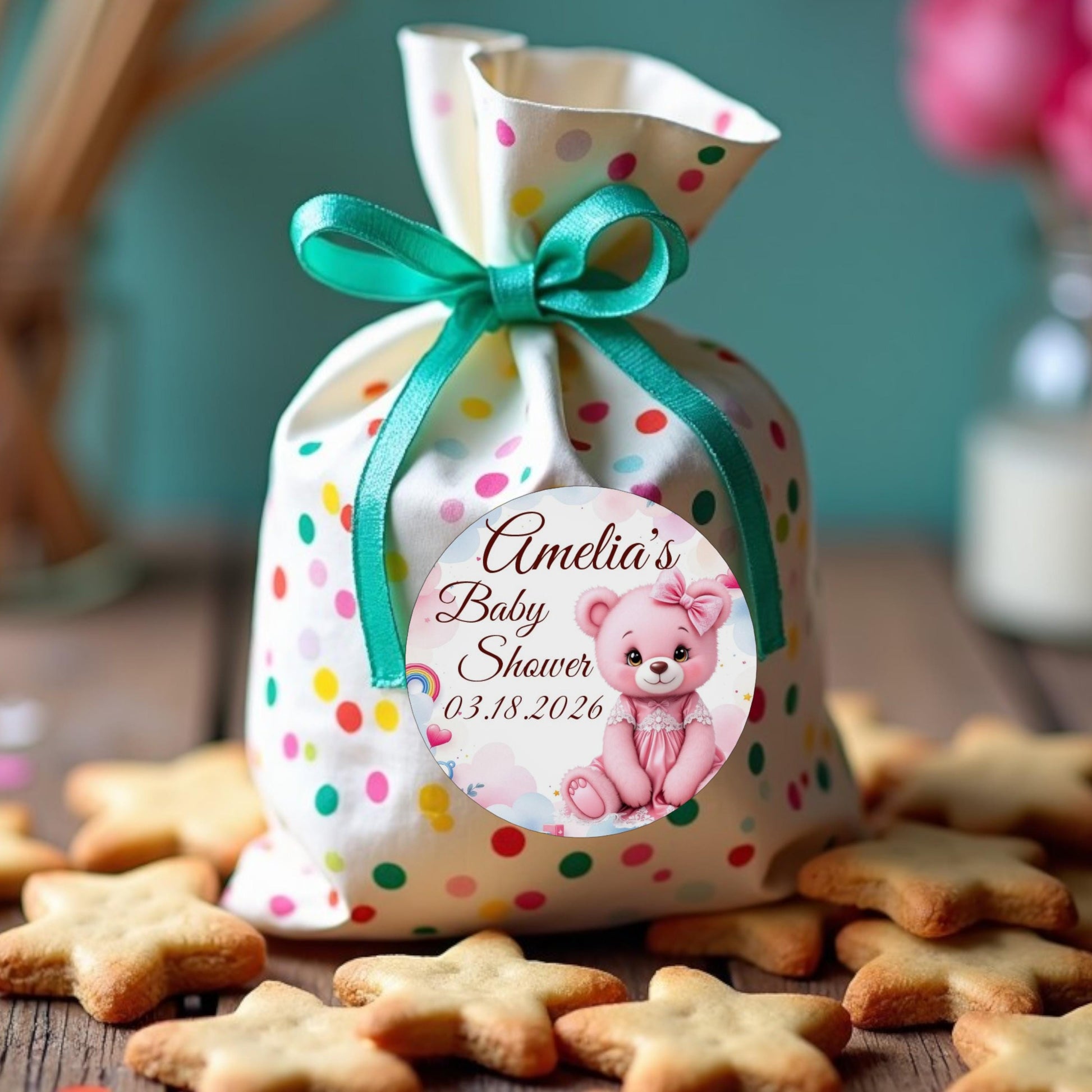 Custom Name Pink Bear Labels, Baby Shower 1st Birthday Party Favors Stickers, Round Labels